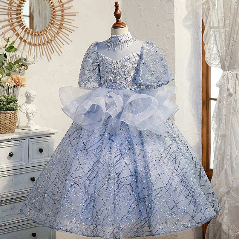 Elegant Blue Mock Neck Floor-Length Organza Flower Girl Dress – Perfect for Weddings, Pageants & Special Occasions