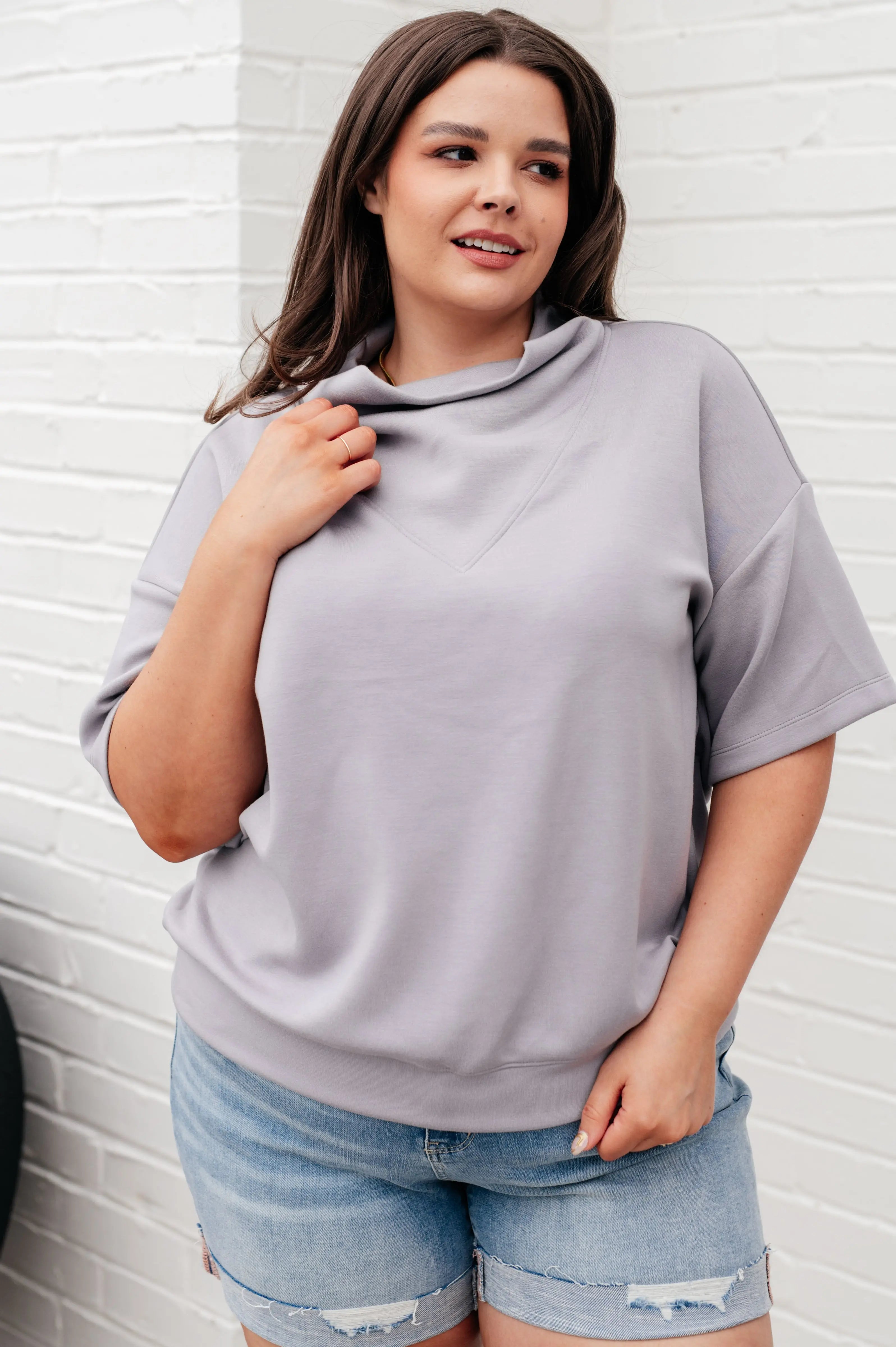 I Just Felt Like It Mock Neck Top in Mystic Grey - Women's Casual Long Sleeve T-Shirt for Everyday Wear, Office & Date Outfits