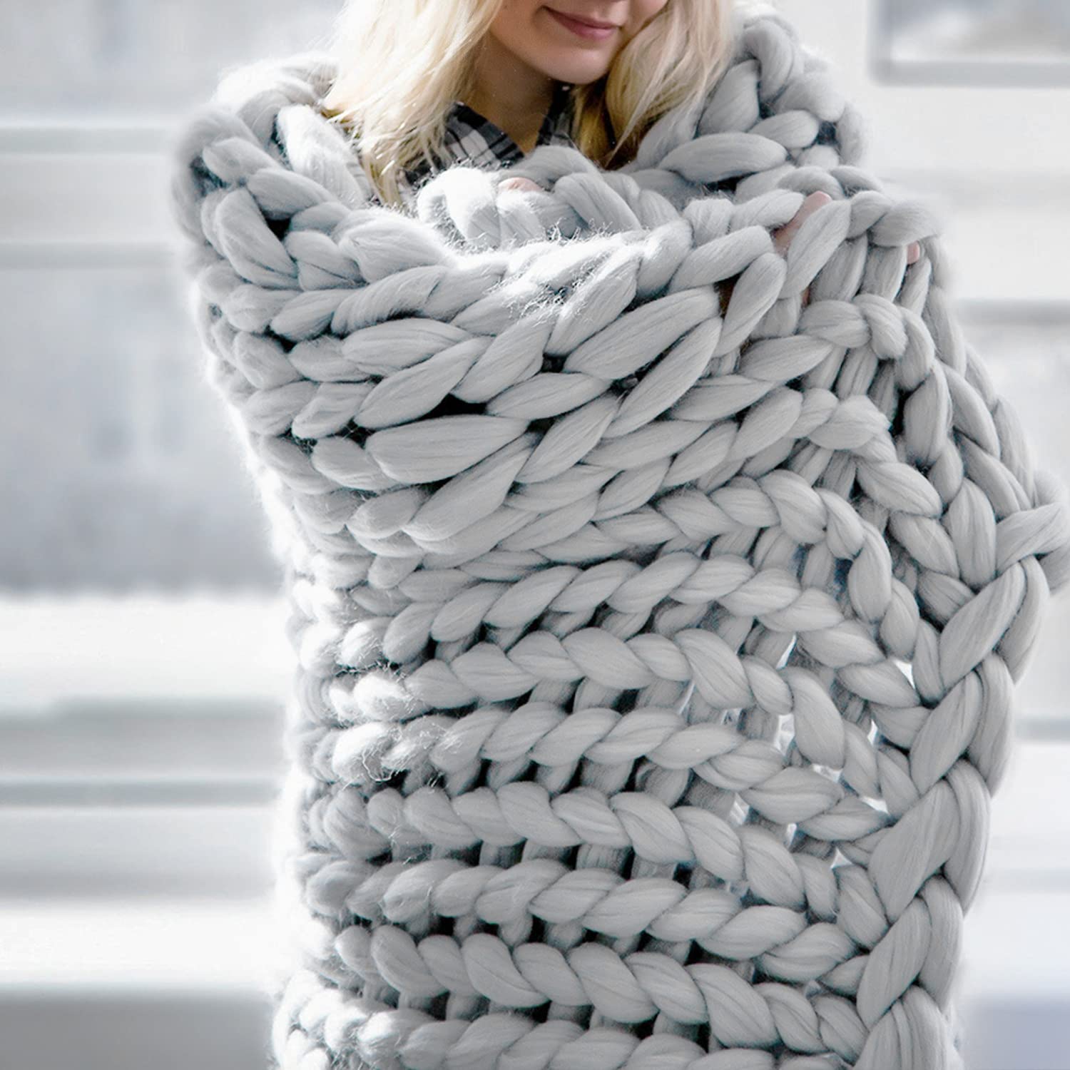 Shalenine Chunky Knit Blanket - Merino Wool Blend Handmade Oversized Cable Throw (50''×60'', Light Gray) | Cozy Living Room Decor, Bedroom Accent & Winter Warmth