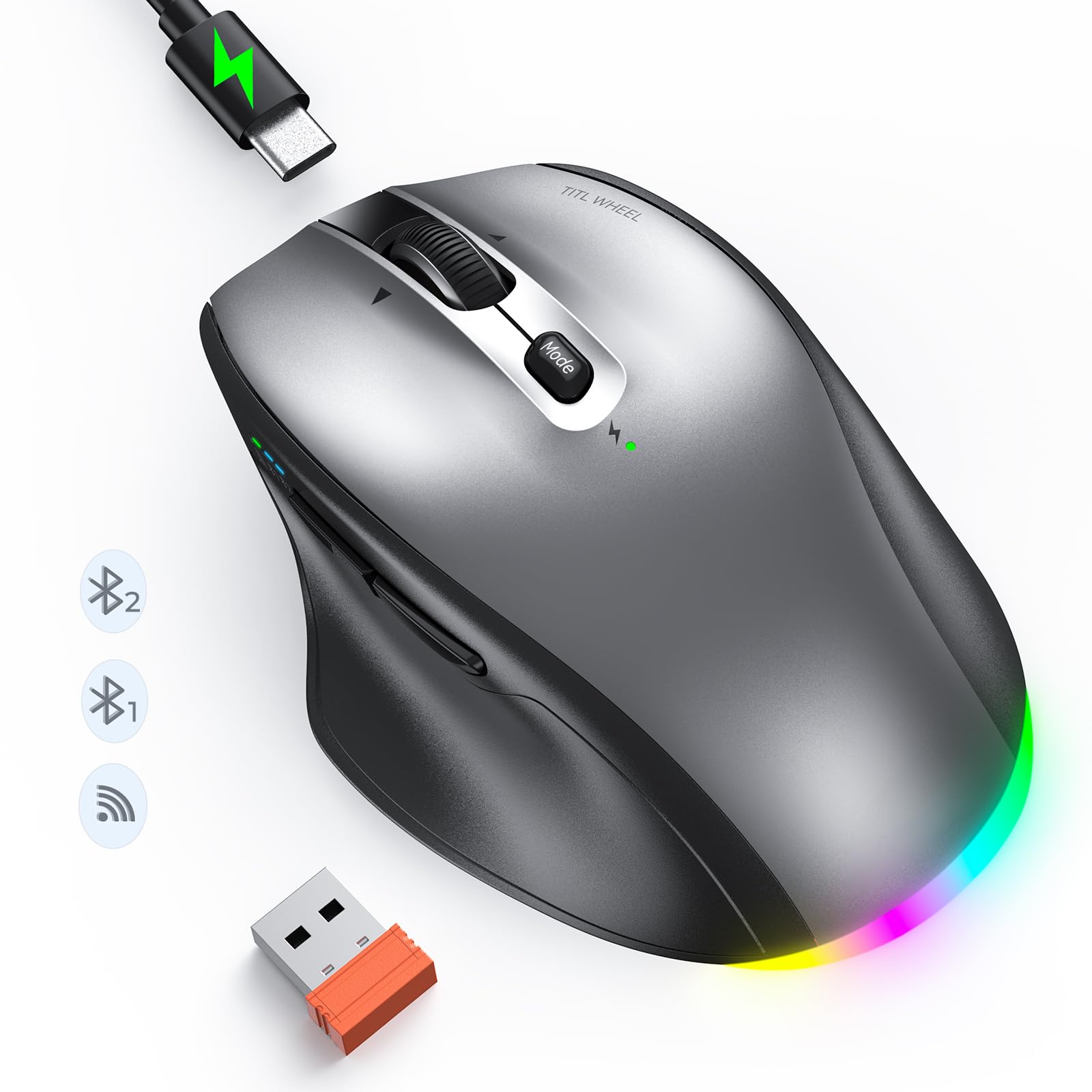 Wireless Bluetooth Mouse for Laptop & PC - Rechargeable Ergonomic Mouse with LED Indicator, Tilt Wheel & Multi-Device Connectivity (2.4G/BT1/BT2) - Perfect for Office Work, Gaming & Travel Use with Laptop, Computer, Tablet & Smartphone