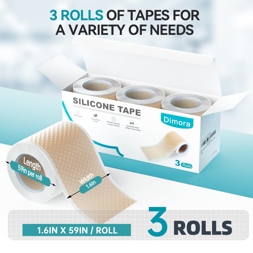 Dimora Silicone Tape 3 Rolls - Hypoallergenic Medical Tape for Sensitive Skin, Pain-Free Removal First Aid Tapes with Easy Tear Precut, Waterproof Surgical Tape, 1.6in x 177in - Ideal for Wound Care, Sports Injuries & Post-Surgery Protection