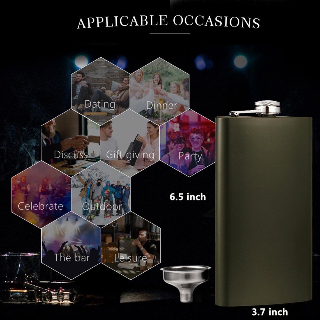 Premium 18/8 Stainless Steel 12oz Silver Hip Flask with Funnel - Leakproof Liquor Flask for Whiskey, Vodka & Bourbon - Perfect for Outdoor Adventures, Camping, Parties & Gifts (Green)