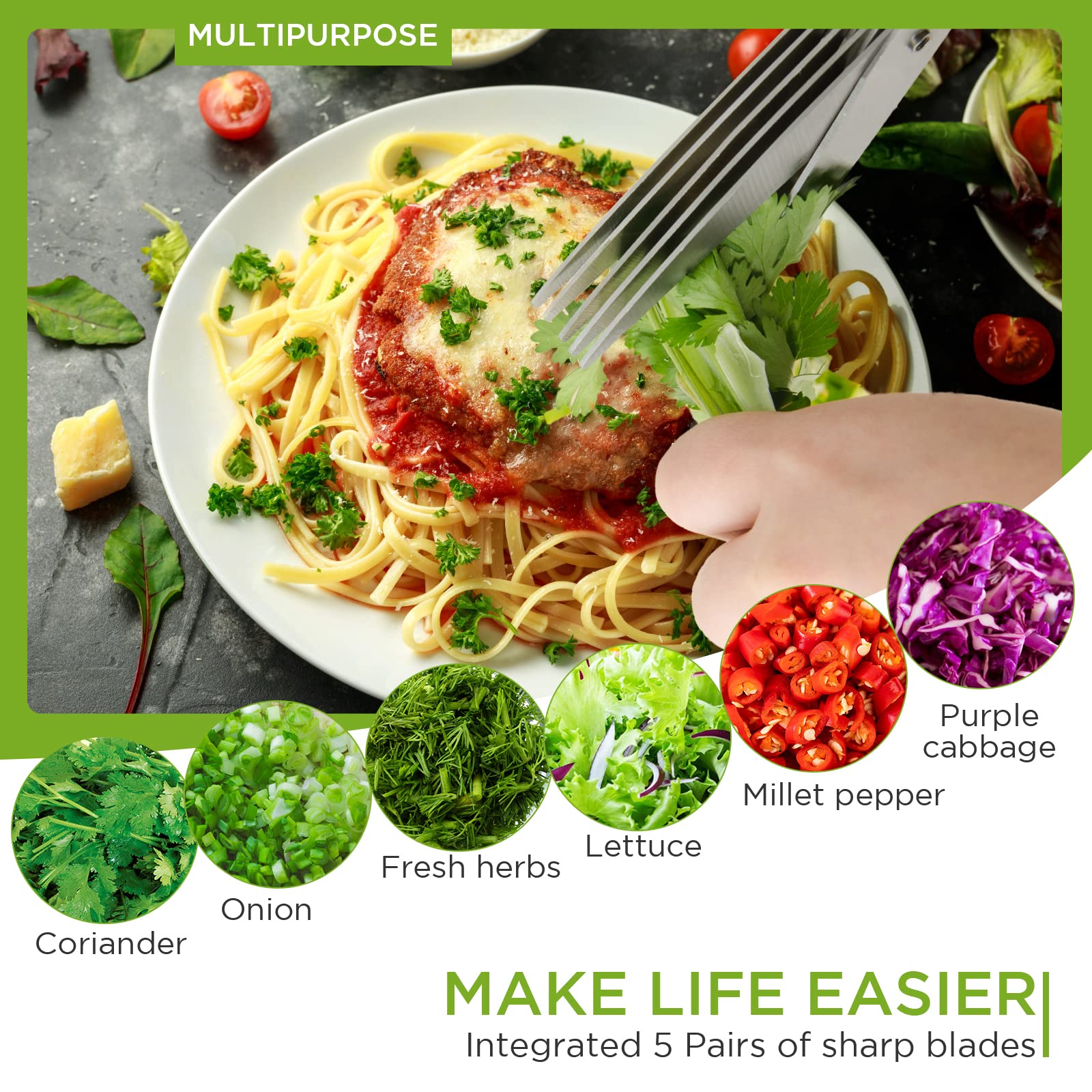 5-Blade Stainless Steel Herb Scissors with Cover - Professional Kitchen Shears for Chopping Salad, Cilantro, Parsley - Perfect for Food Prep, Paper Shredding & Herb Mincing - Ideal for Home Cooks & Professional Chefs