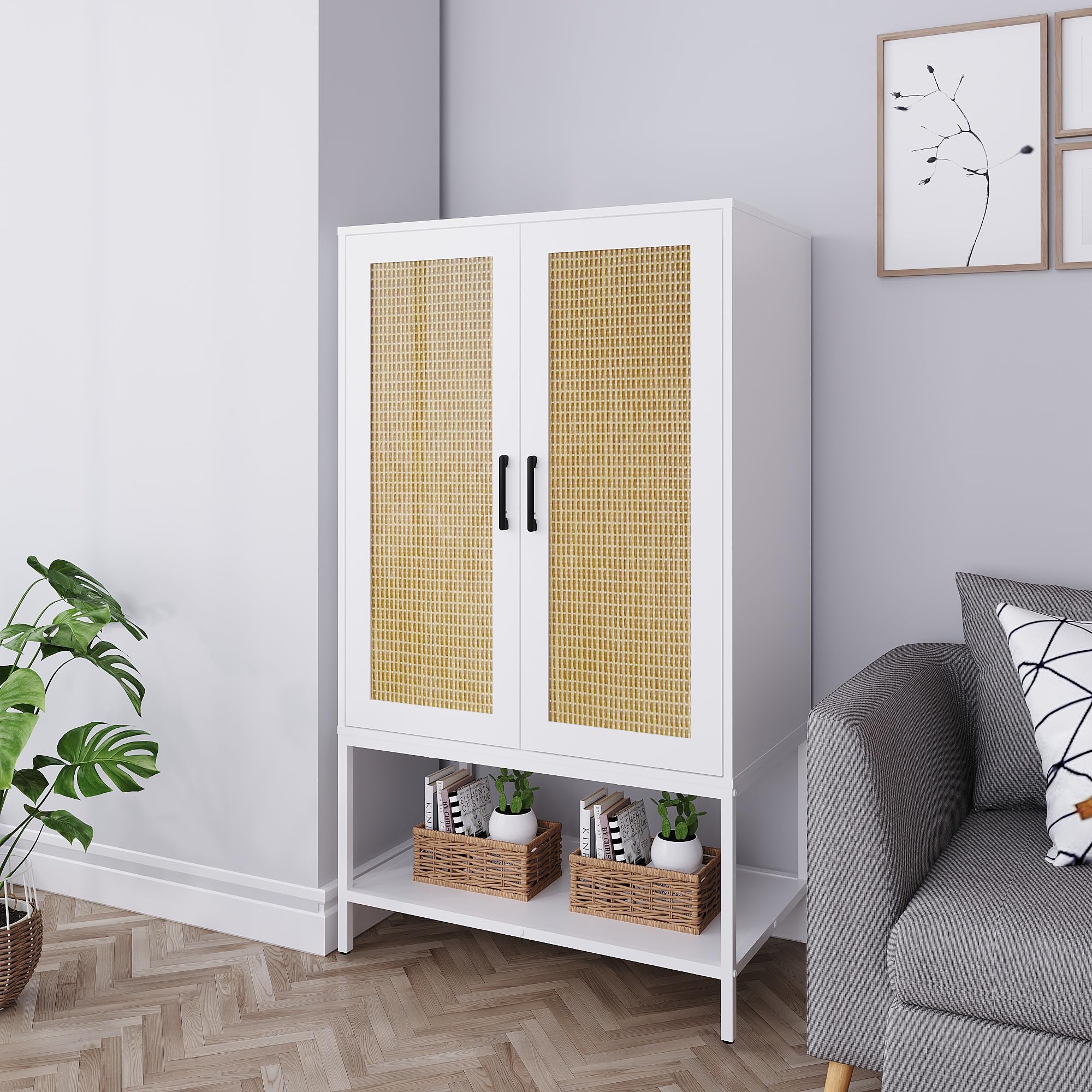 Rattan Wardrobe Closet - 2 Door Wooden Armoire with Shelves & Hanging Rod for Bedroom Organization | White Storage Cabinet for Clothes, Shoes & Accessories | Perfect for Small Spaces, Apartments & Dorm Rooms