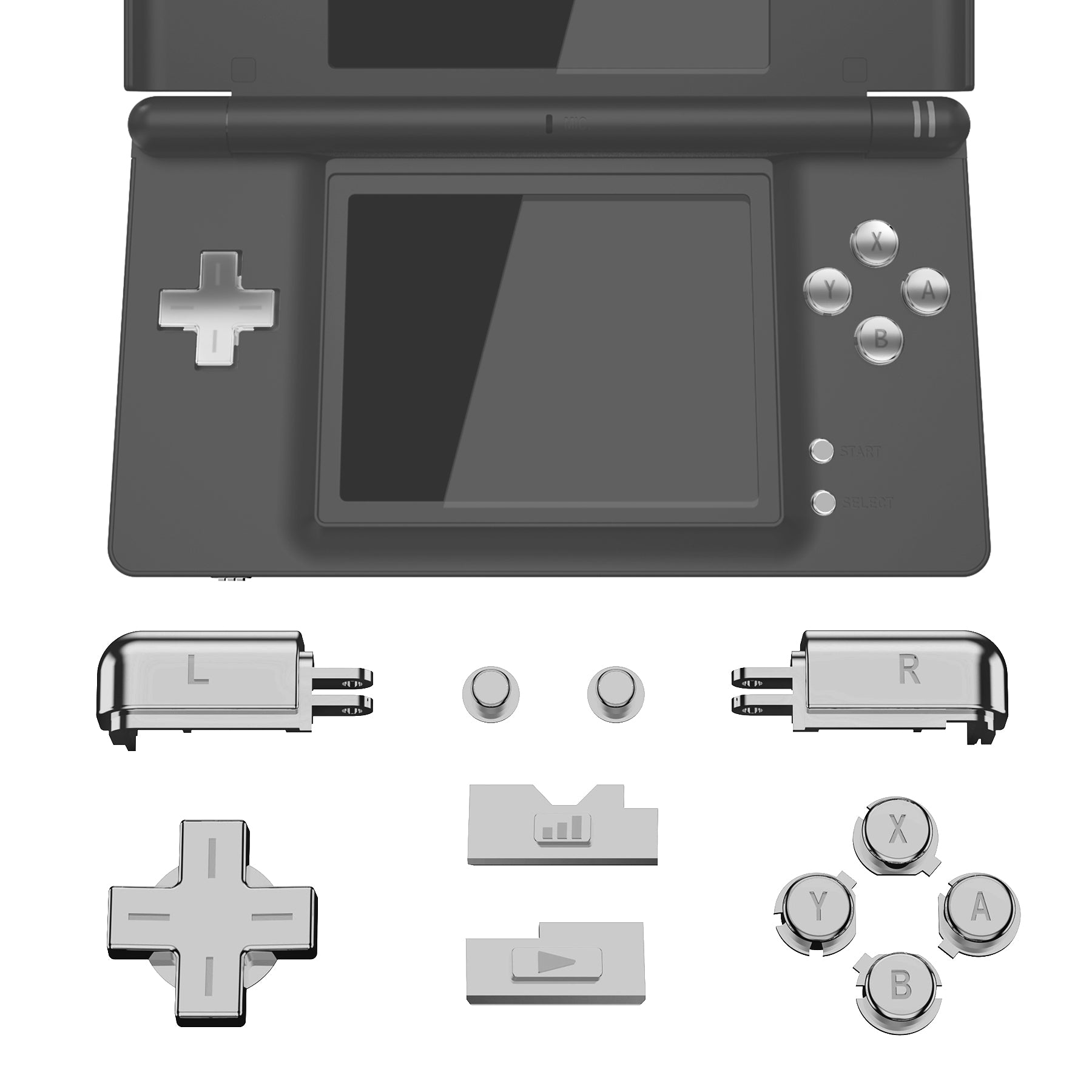eXtremeRate Chrome Silver Replacement Buttons for Nintendo DS Lite - Full Set Custom D-Pad, A B X Y, Start Select, R L Power Volume Keys - Perfect for Gaming & DIY Console Repair (DSLJ2002, Console Not Included)