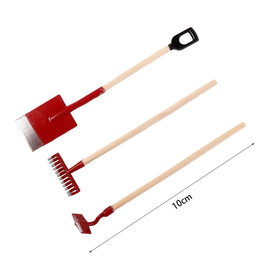 1:12 Scale Miniature Shovel & Hoe Set - Black Fairy Garden Decor, Tiny Farming Tools for Miniature Gardens & Dioramas - Perfect for Fairy Houses, Terrariums & DIY Craft Projects