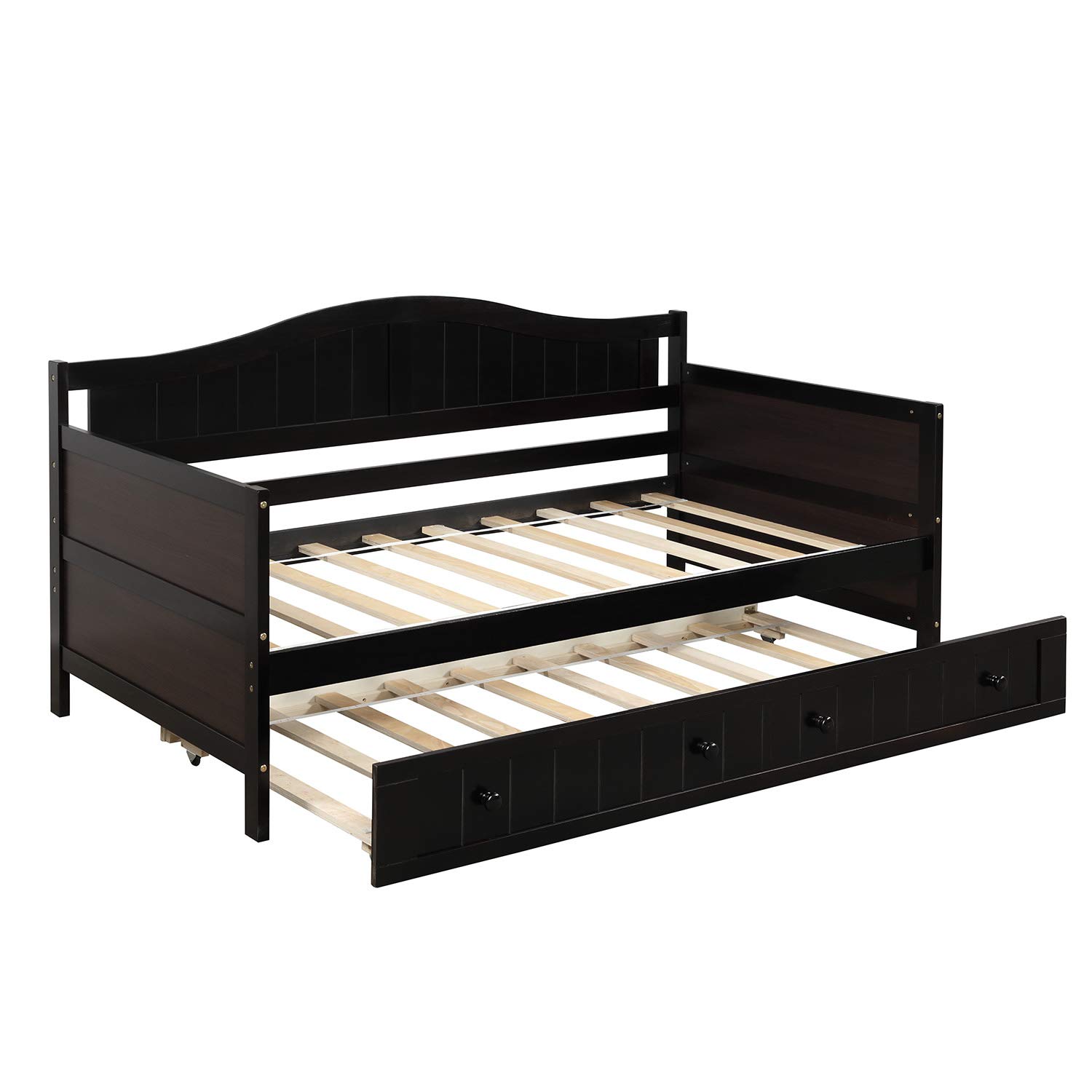 Twin Size Wooden Daybed with Trundle - Convertible Sofa Bed for Kids & Adults - Espresso Finish Twin Bed Frame - Perfect for Guest Room, Dorm, or Small Space - Ships from USA