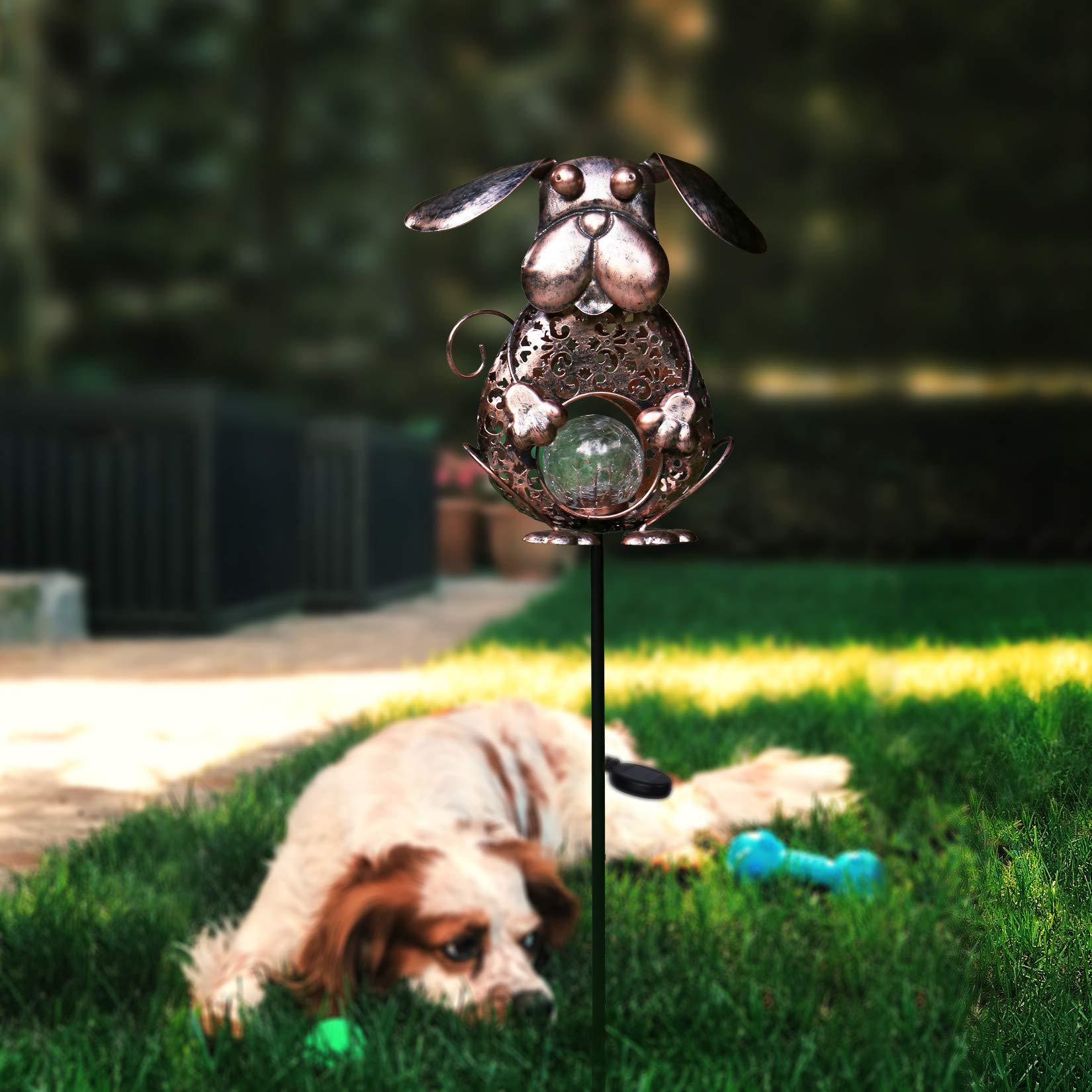 KAIXOXIN Solar Garden Lights - Waterproof Metal Dog Crackle Glass Globe Stake Light, Warm White LED Solar Path Lights for Outdoor Decoration (Dog-Bronze) | Perfect for Walkways, Patios, Lawns & Backyard Landscaping