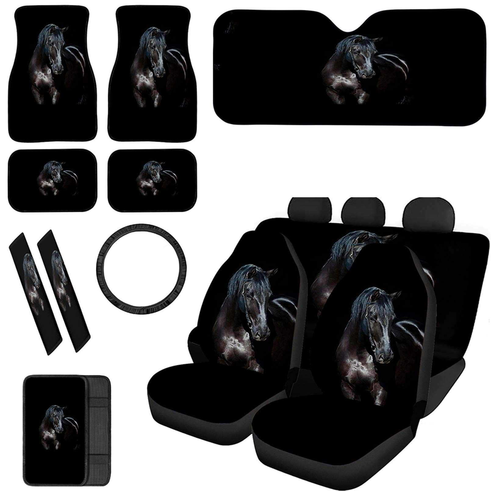 Babrukda 13-Piece Complete Car Interior Set - Universal Black Horse Design Seat Covers, Steering Wheel Cover, Armrest Pads, Seat Belt Covers, All-Weather Floor Mats & Foldable Sunshade for Men - Perfect for Daily Commute, Road Trips & Vehicle Protection