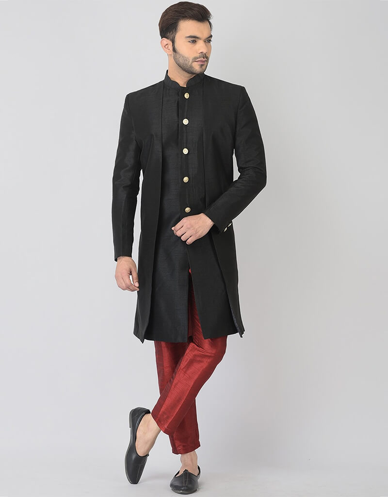 Black Kurta Dhupion Silk Pajama Set for Men - Traditional Indian Ethnic Wear for Festivals, Weddings & Special Occasions