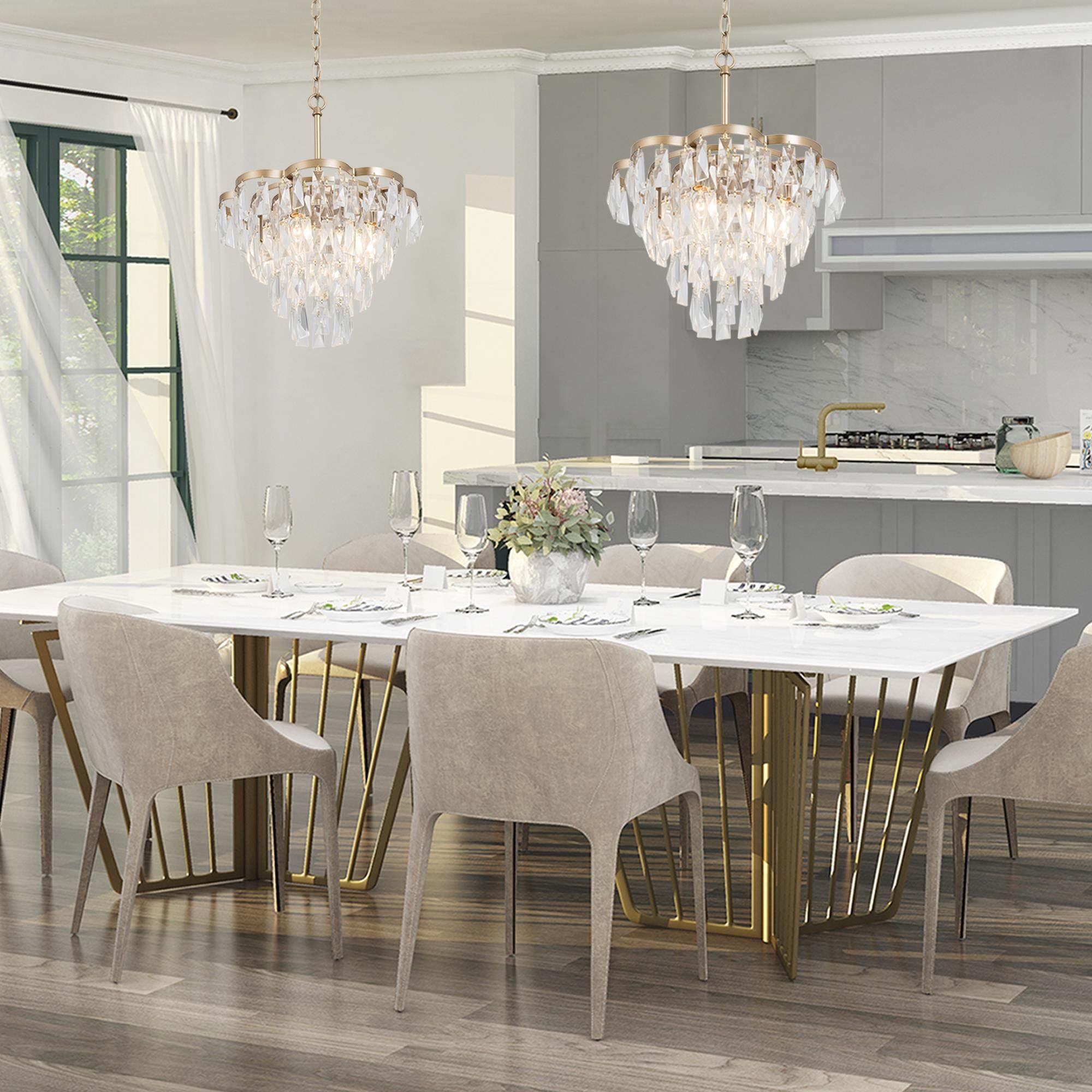 Durent Lighting Gold Crystal Chandelier - 4-Light Modern Tiered Dining Room Ceiling Fixture, 15.5