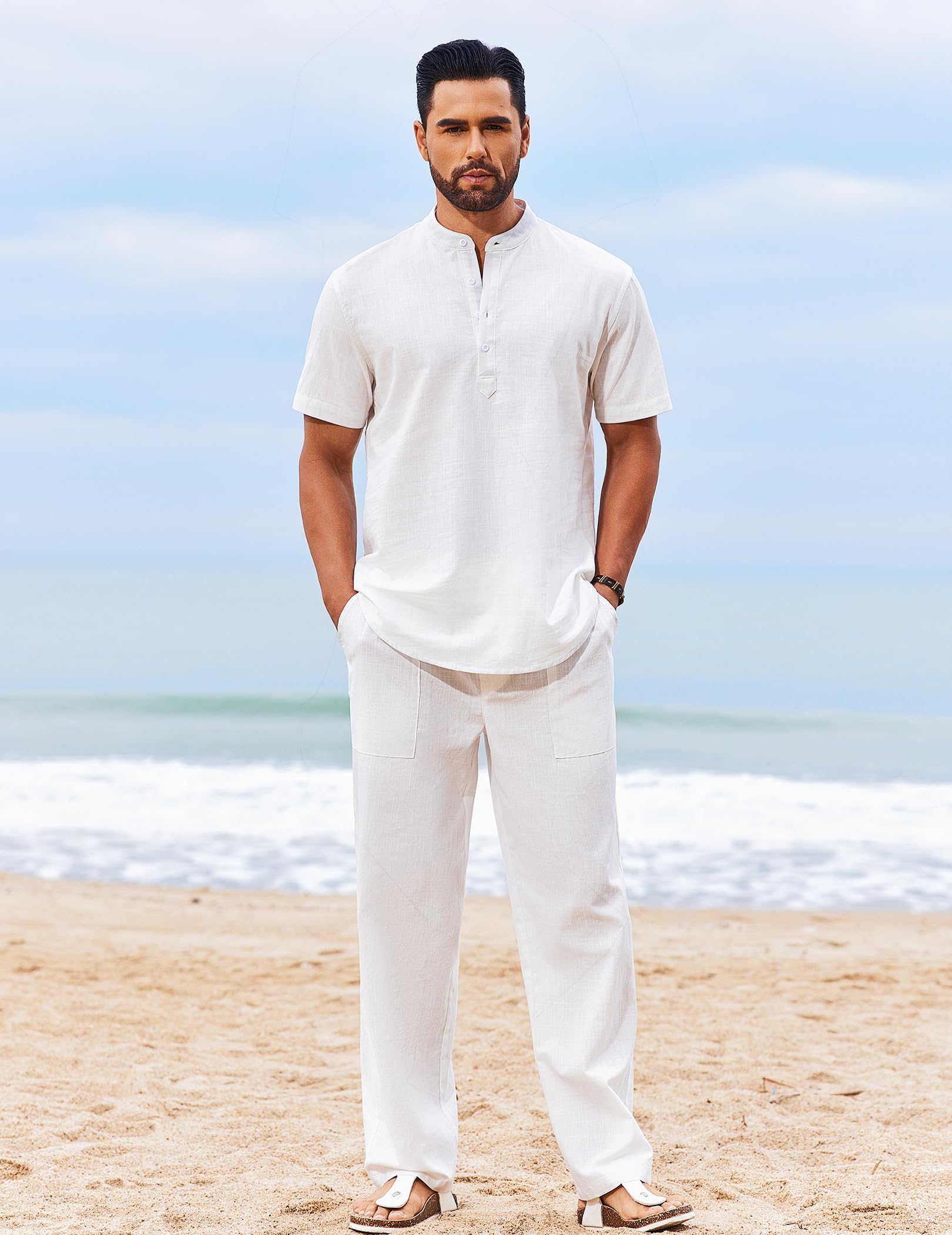 COOFANDY Men's 2-Piece Cotton Lounge Set - Short Sleeve Henley Shirt & Drawstring Beach Pants with Pockets | Breathable Summer Outfit for Vacation, Casual Wear & Beach Relaxation