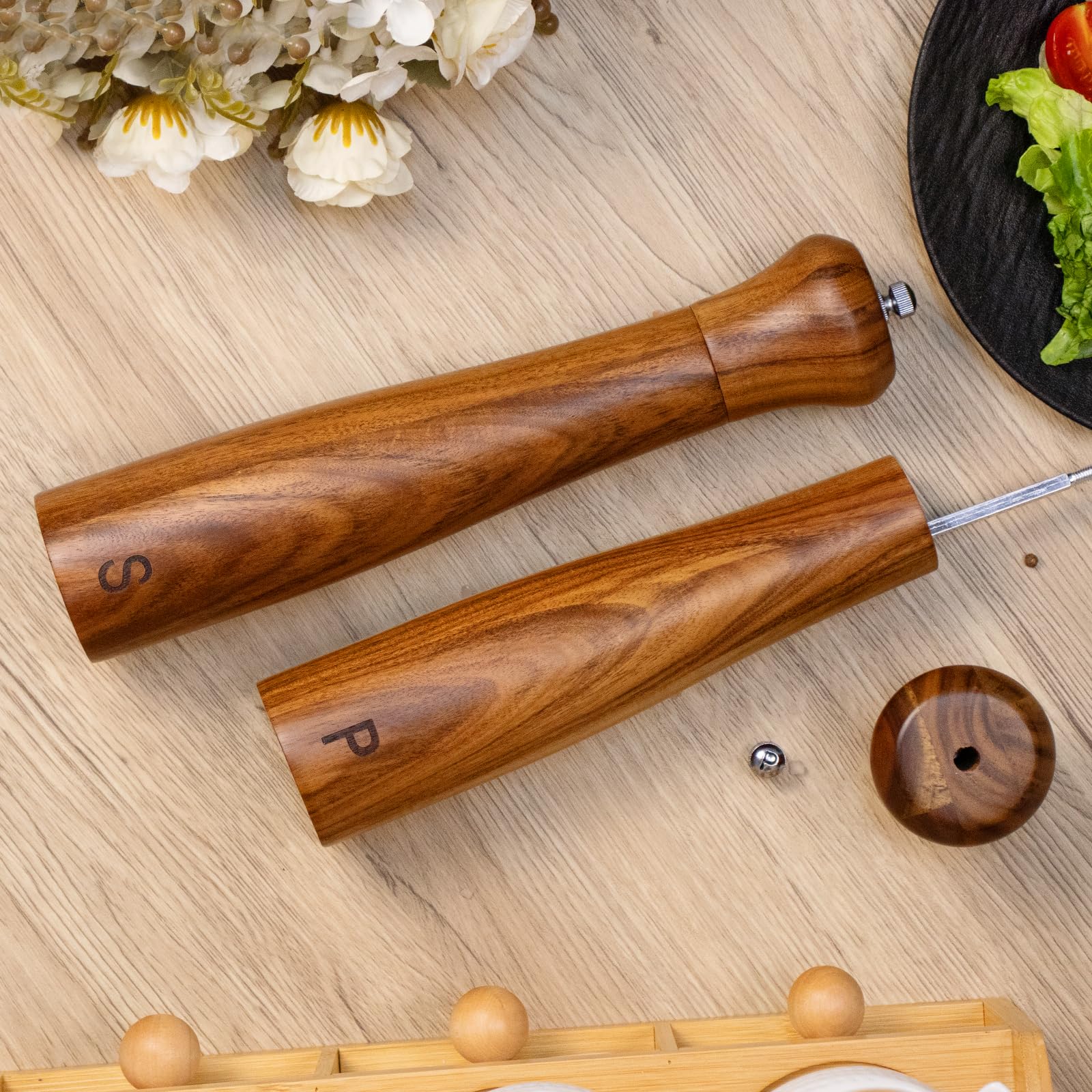 2 Pack 10 Inch Acacia Wood Salt and Pepper Grinder Set - Adjustable Coarseness, Refillable Manual Mills with Ceramic/Stainless Steel Core - Perfect for Kitchen, Dining Table & Gift Giving