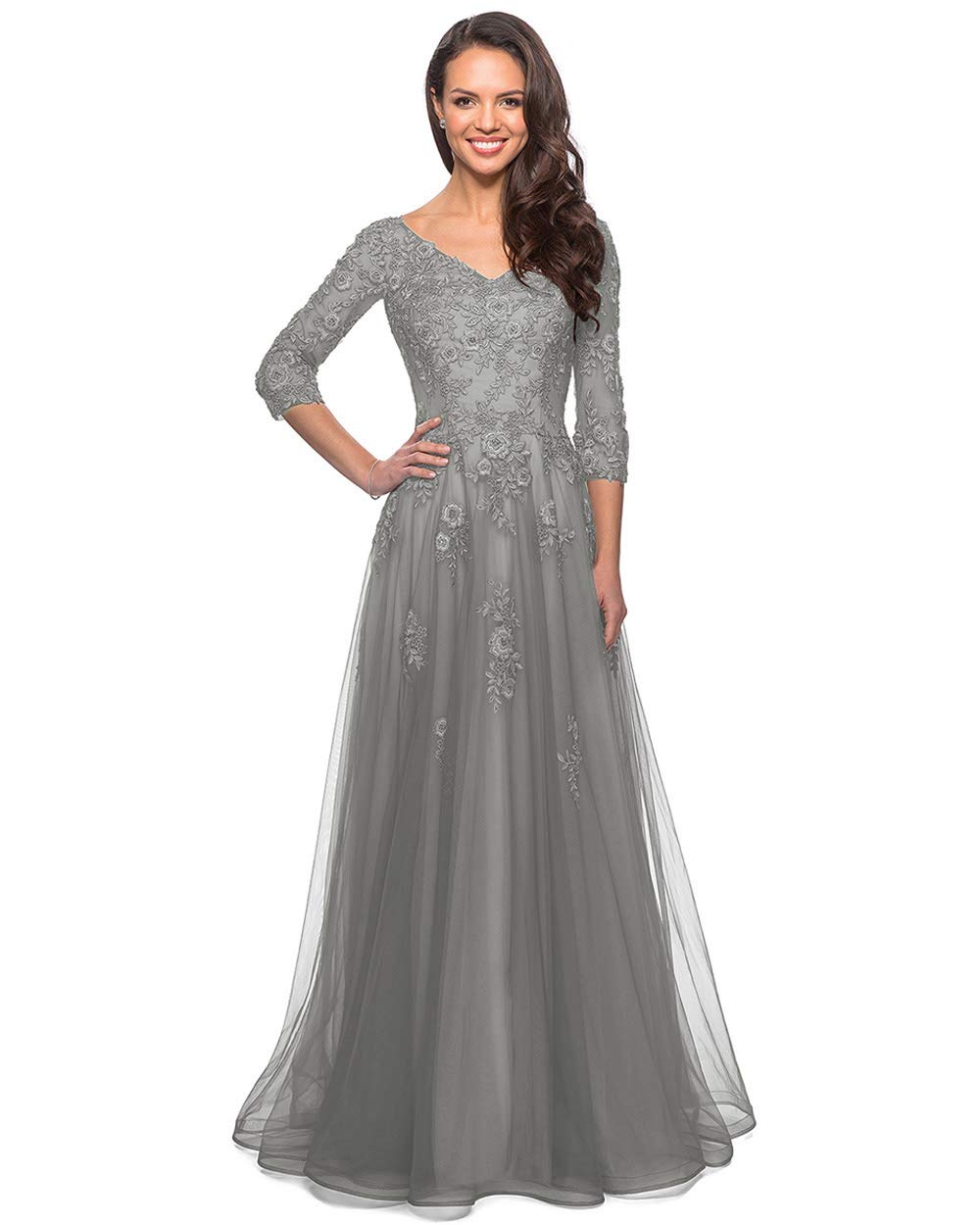 Elegant Floral Lace 3/4 Sleeve V-Neck Mother of the Bride Dress with Pockets - Formal Wedding Guest Gown for Women - Perfect for Weddings, Parties & Special Occasions
