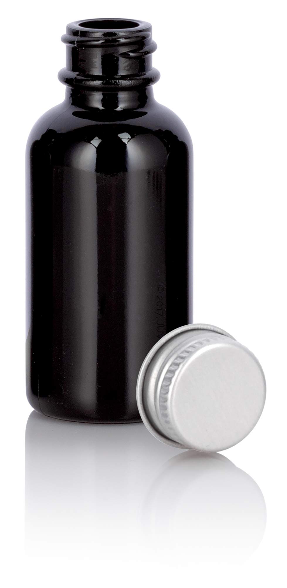 JUVITUS 1 oz Black Glass Luxury Boston Round Bottle with Silver Metal Screw On Caps (6 Pack) + Funnel - Perfect for Essential Oils, Perfumes, DIY Beauty & Travel Size Liquids