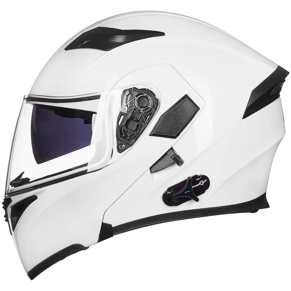 ILM 902BT PRO Bluetooth Motorcycle Helmet - DOT Certified Modular Flip Up Full Face Helmet with Dual Visor, 6-Way Rider Intercom, MP3 & FM Radio (White, Medium) - Perfect for Group Rides, Commuting & Long-Distance Touring