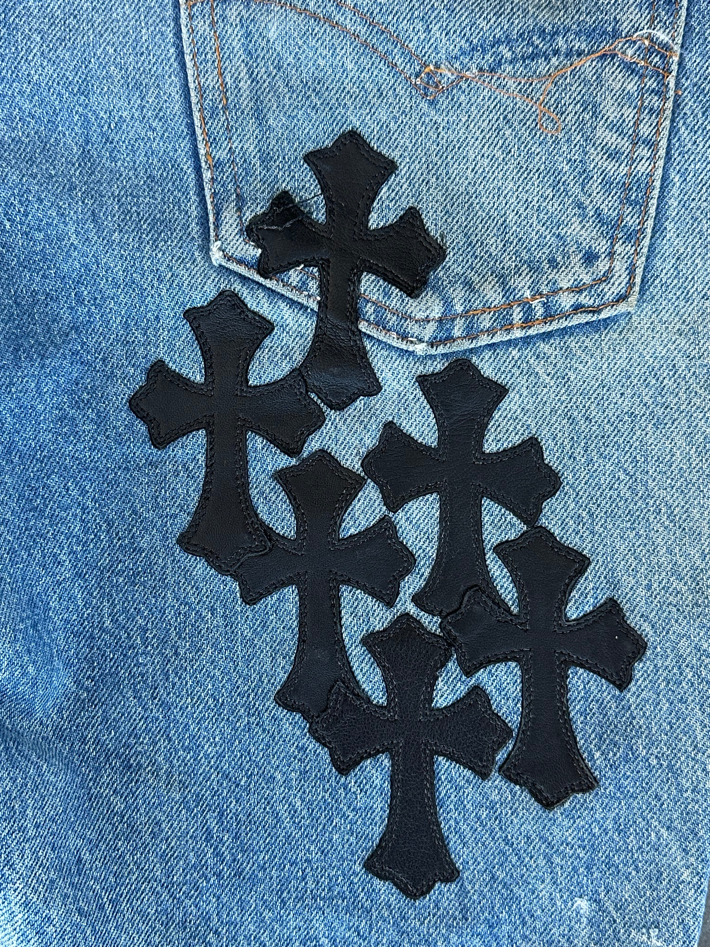 Chrome Hearts x Levi's Blue & Black Cross Patch Denim Jeans for Men - Stylish Vintage Streetwear for Casual Outfits and Night Out
