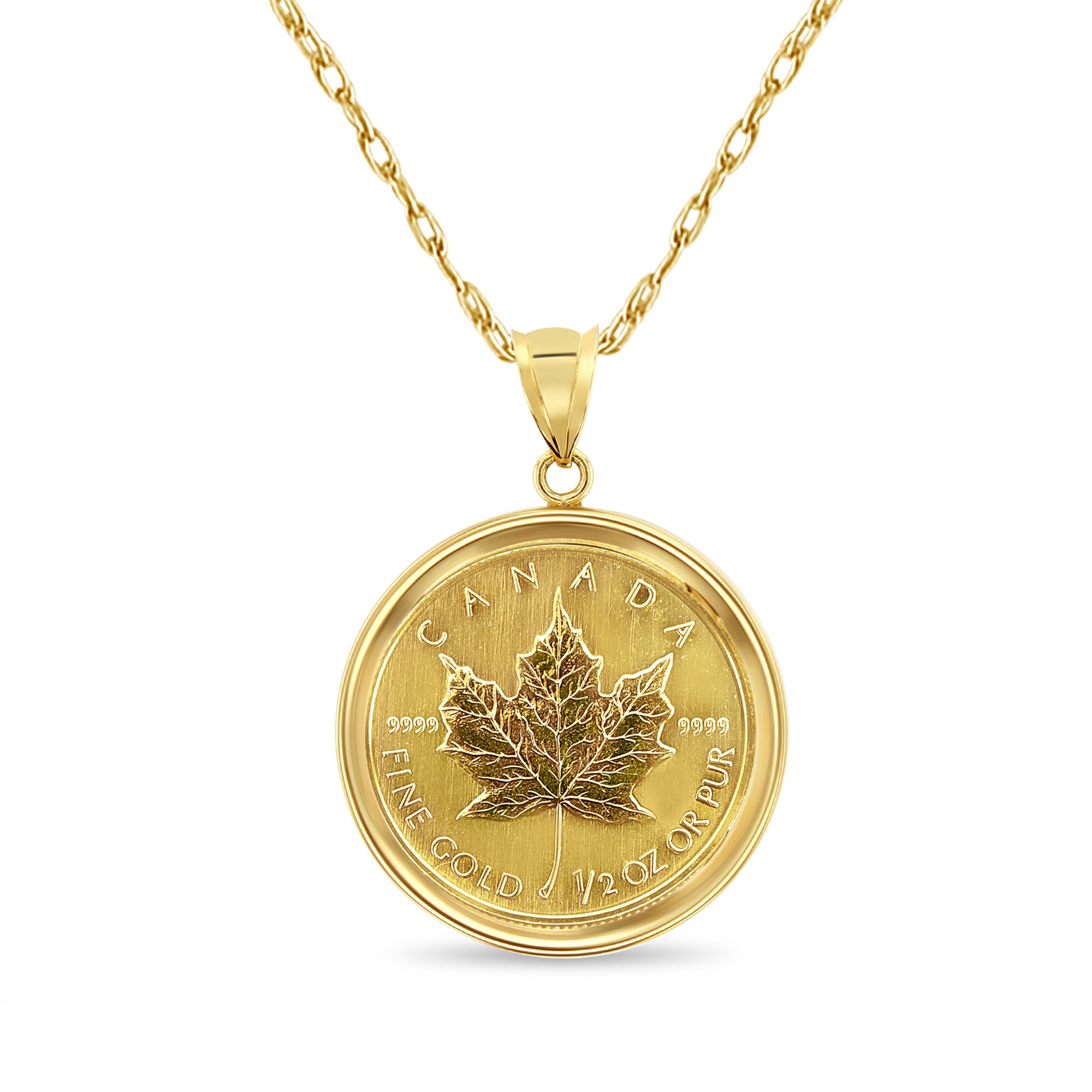 1/2OZ Canadian Maple Leaf Coin Necklace in 14k Yellow Gold with Polished Bezel - Perfect Gift for Jewelry Lovers & Coin Collectors