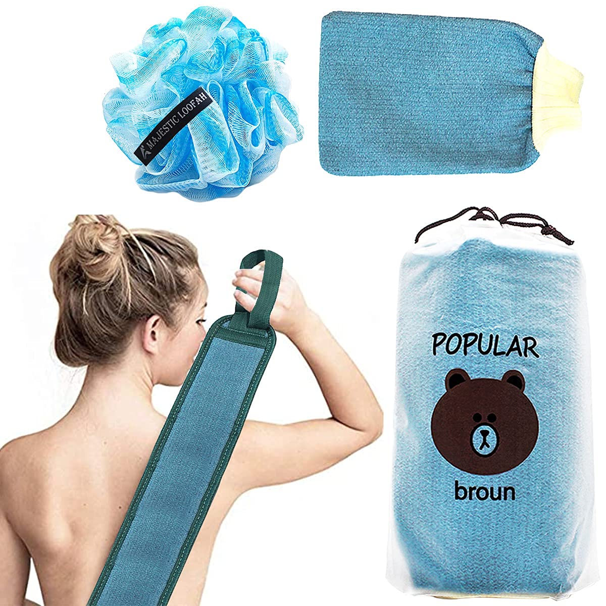 3-Piece Loofah Kit - Exfoliating Bath Sponge Puff, Back Scrubber & Gloves for Shower & Skincare | Perfect for Body Wash, Deep Cleansing & Spa Day at Home