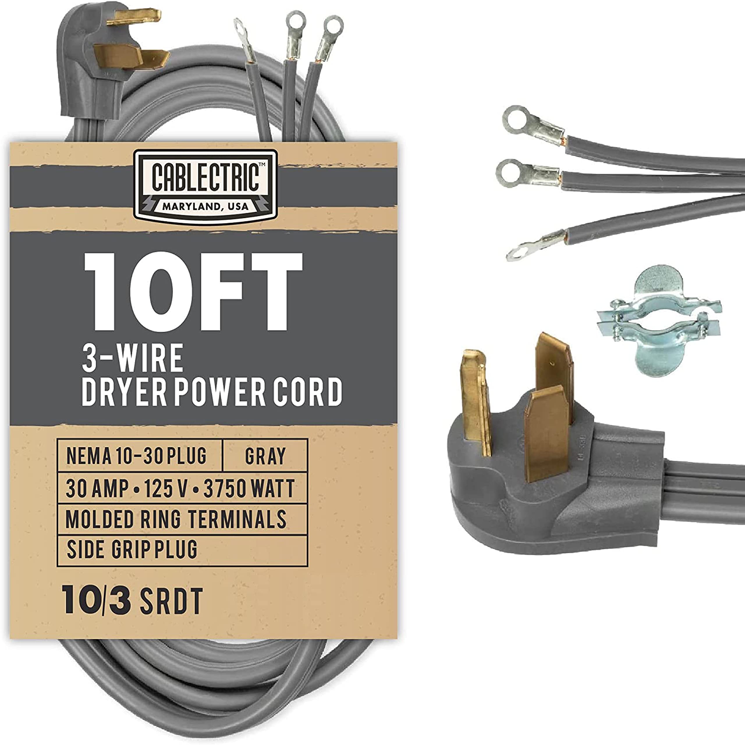 10 Foot Dryer Cord - 3 Prong Extension Cord, 10/3 SRDT, 30 Amp, NEMA 10-30 Plug, Heavy Duty Gray Power Cable for Electric Dryers, Washing Machines & Appliances - Perfect for Home Laundry Rooms & RV Use