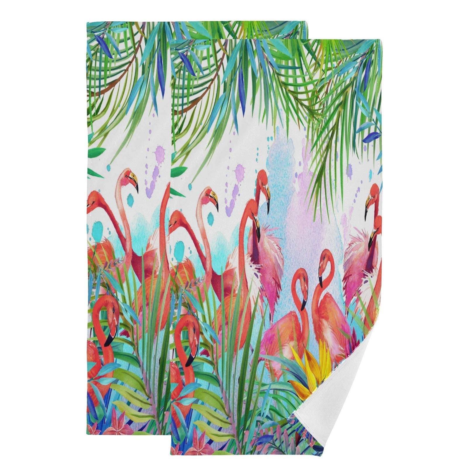 ALAZA Tropical Exotic Bird Flamingo Palm Leaf Bath Towels Set of 2 - Soft Face & Hand Towels 28x14 Inches - Perfect for Beach, Bathroom Decor & Coastal Themed Home