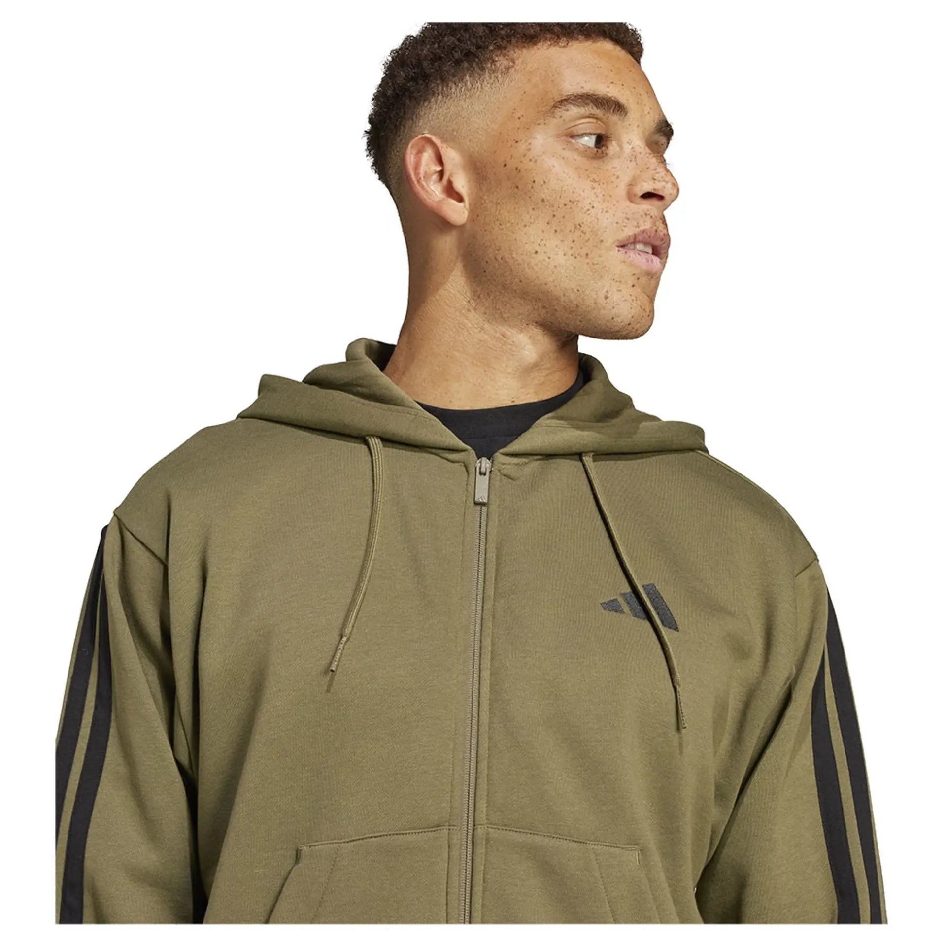 Adidas Men's 3 Stripe Olive Fleece Jacket - Lightweight Warm Zip-Up Hoodie for Running, Hiking & Casual Wear