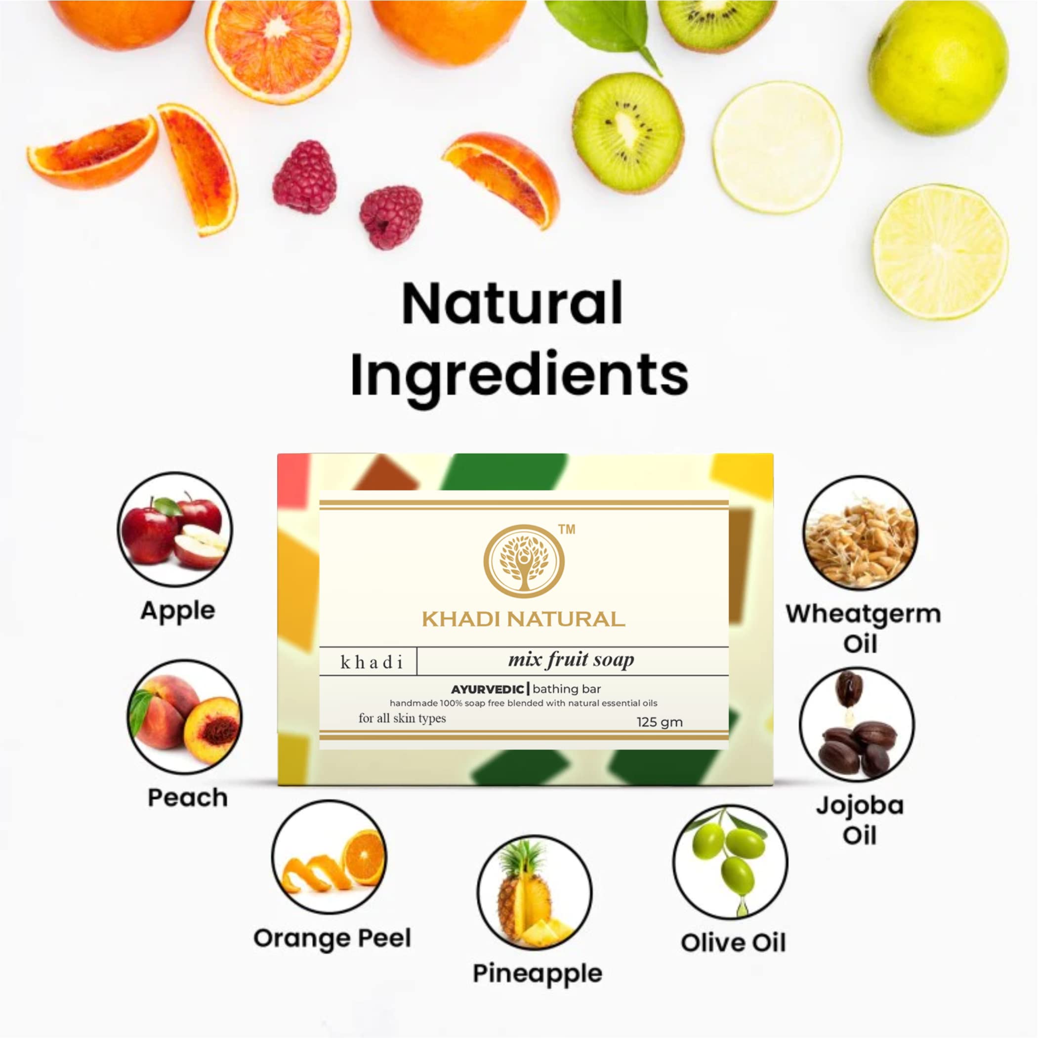 Khadi Natural Mix Fruit Soap 125g (Pack of 4) - Organic, Handmade, Vegan Skincare for Dry & Sensitive Skin - Perfect for Daily Face & Body Cleansing