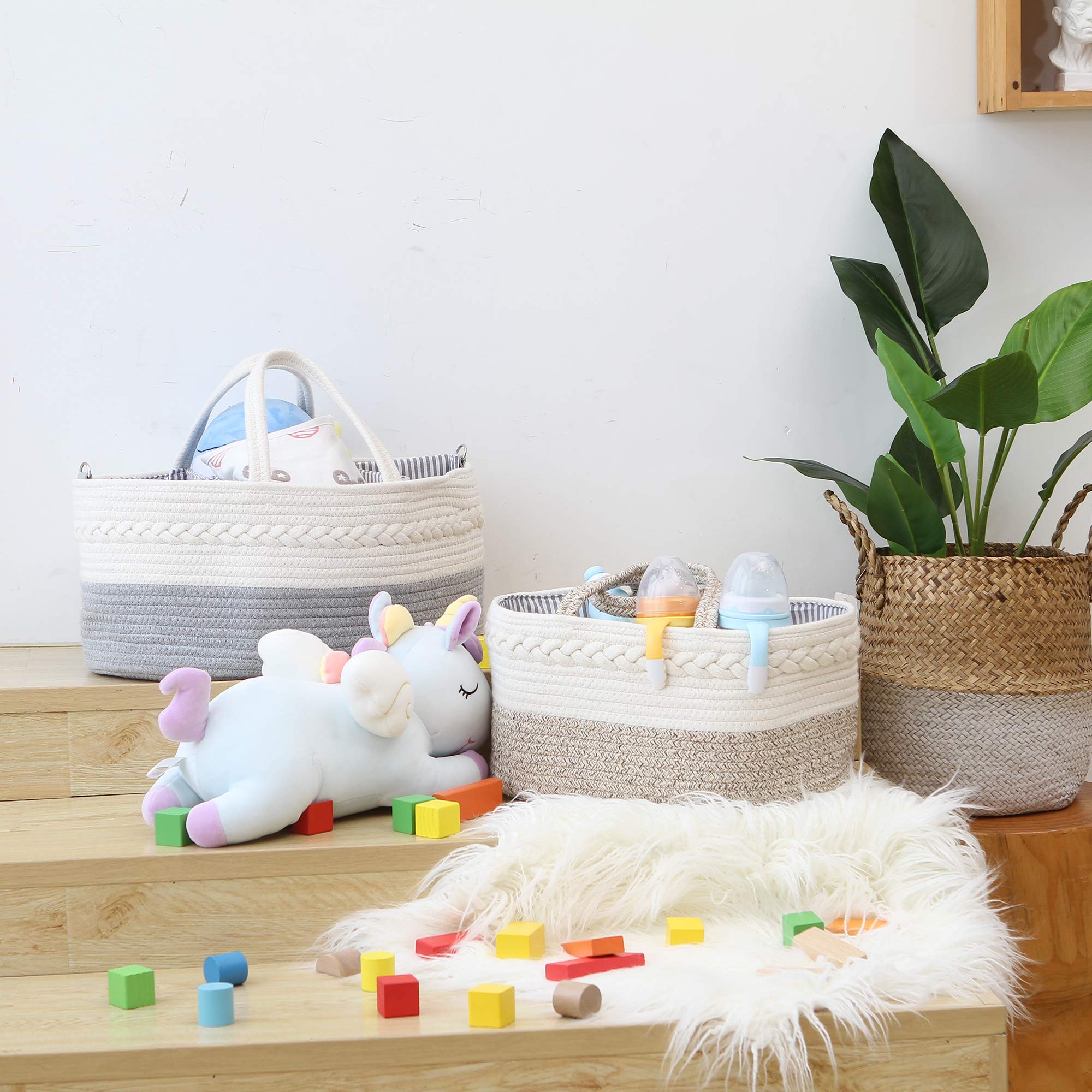 Hinwo Baby Diaper Caddy Organizer - 3 Compartments Portable Nursery Storage Basket for Newborn Essentials, Diapers, Wipes & Baby Shower Gifts | Detachable Cotton Divider, Car & Home Use