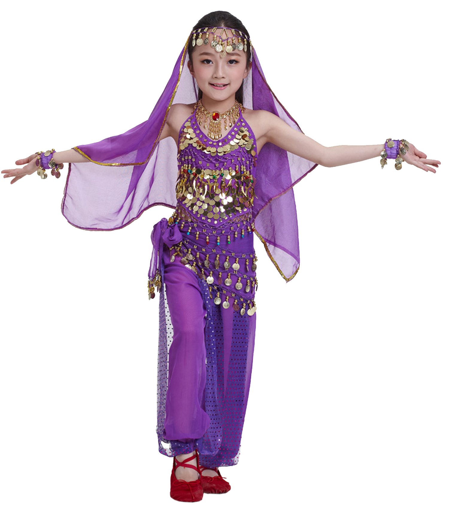 Kids Princess Indian Belly Dance Costume Set for Girls - Bollywood Cosplay Outfit with Ornaments | Perfect for Halloween, Dance Performances & Dress-Up Parties