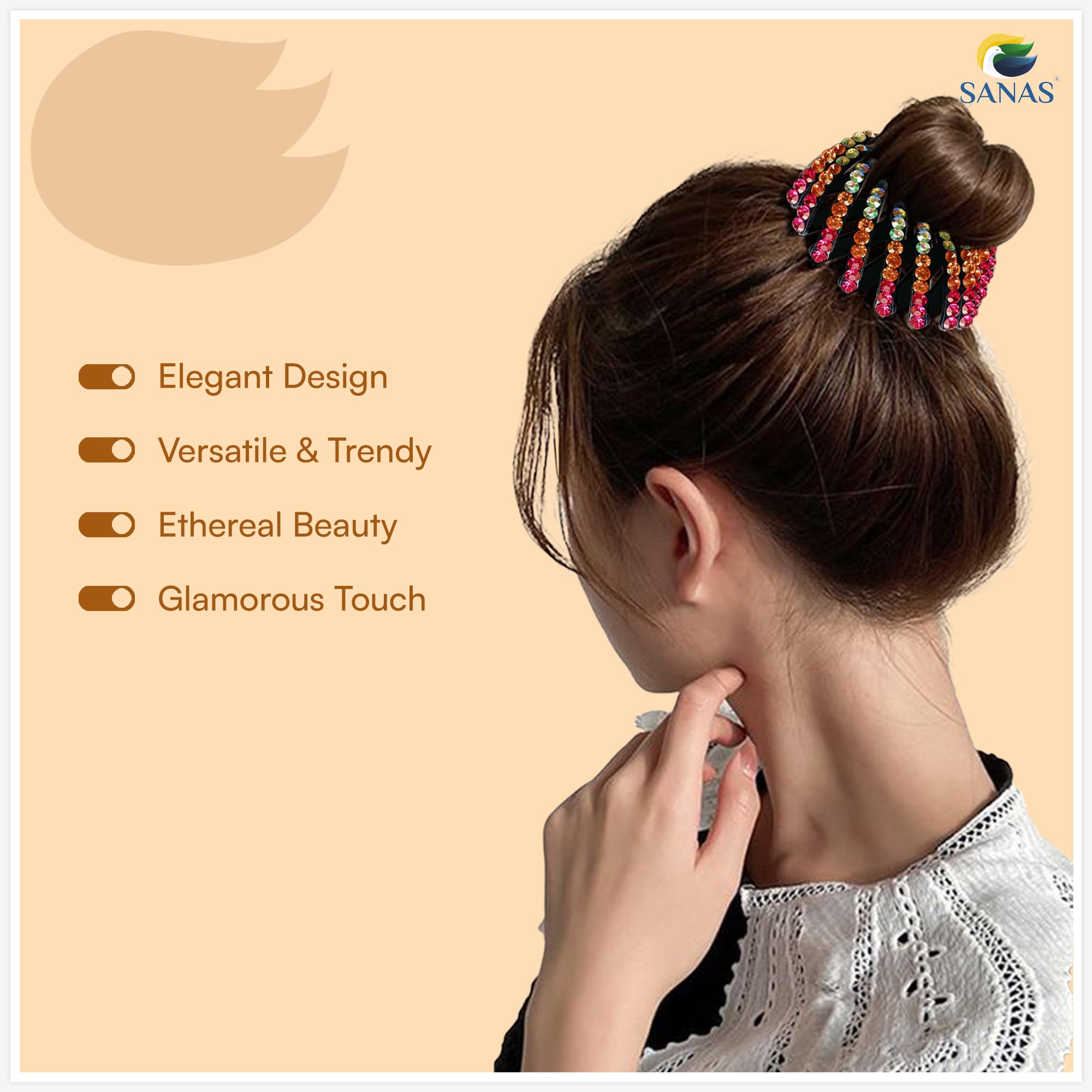3Pcs Sanas Bird Nest Hair Bun Maker Set - Ponytail Holder, Stone Hair Clips & Fancy Hair Accessories for Women | Perfect for Weddings, Parties & Everyday Styling