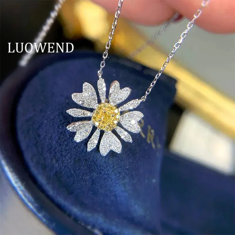 18K White Gold Necklace with Real Yellow Diamond Chrysanthemum Pendant for Women - Elegant Wedding Gift, Birthday Present & Anniversary Jewelry - Perfect for Special Occasions, Date Nights and Formal Events