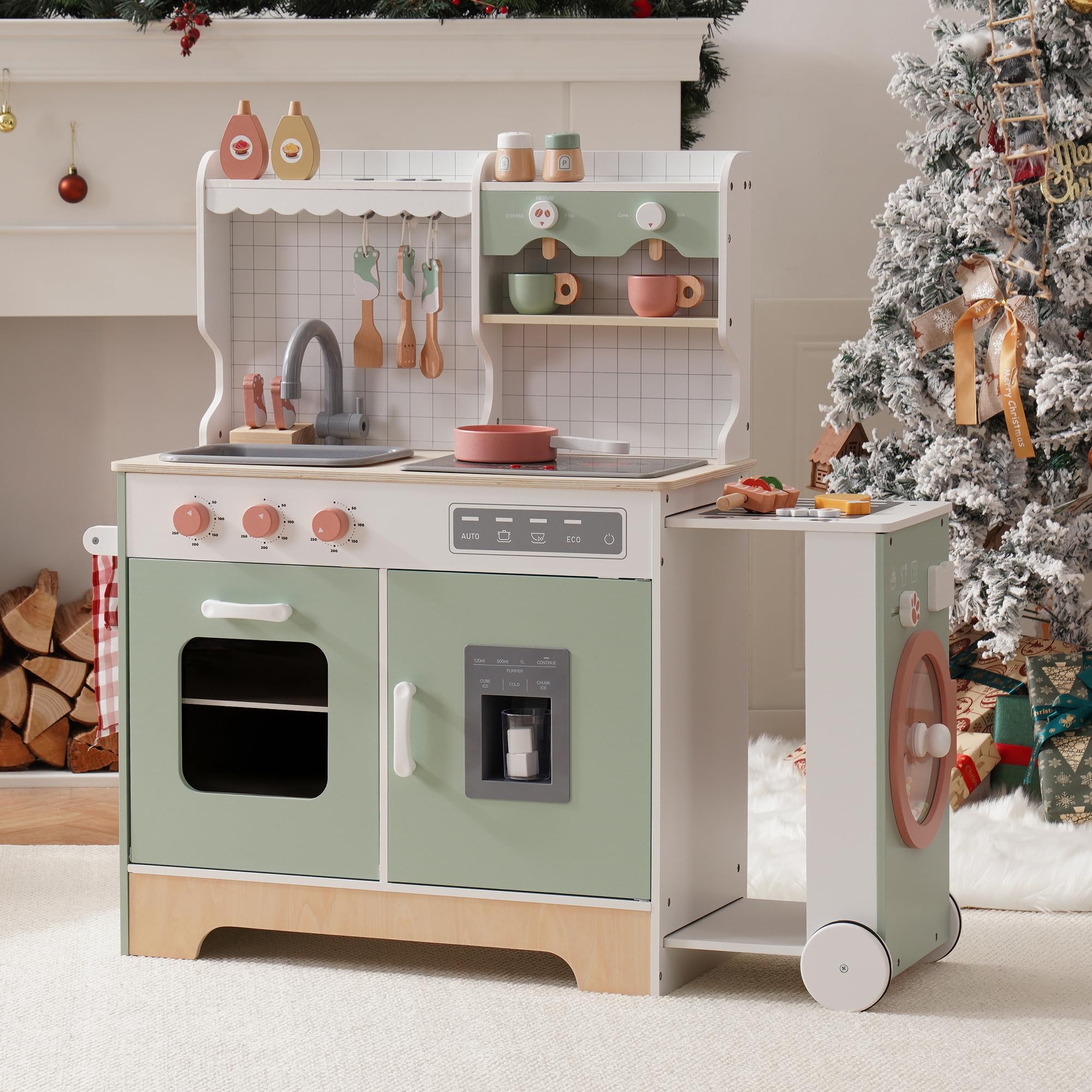 ROBUD Wooden Play Kitchen Set for Kids & Toddlers - Pretend Play Toy Kitchen with BBQ Grill, Ice Maker, Coffee Machine & Accessories - Interactive Kitchen Playset with Lights & Sounds - Perfect Gift for Boys & Girls Ages 3+ - Great for Imaginative Play, Role-Playing & Early Learning Development