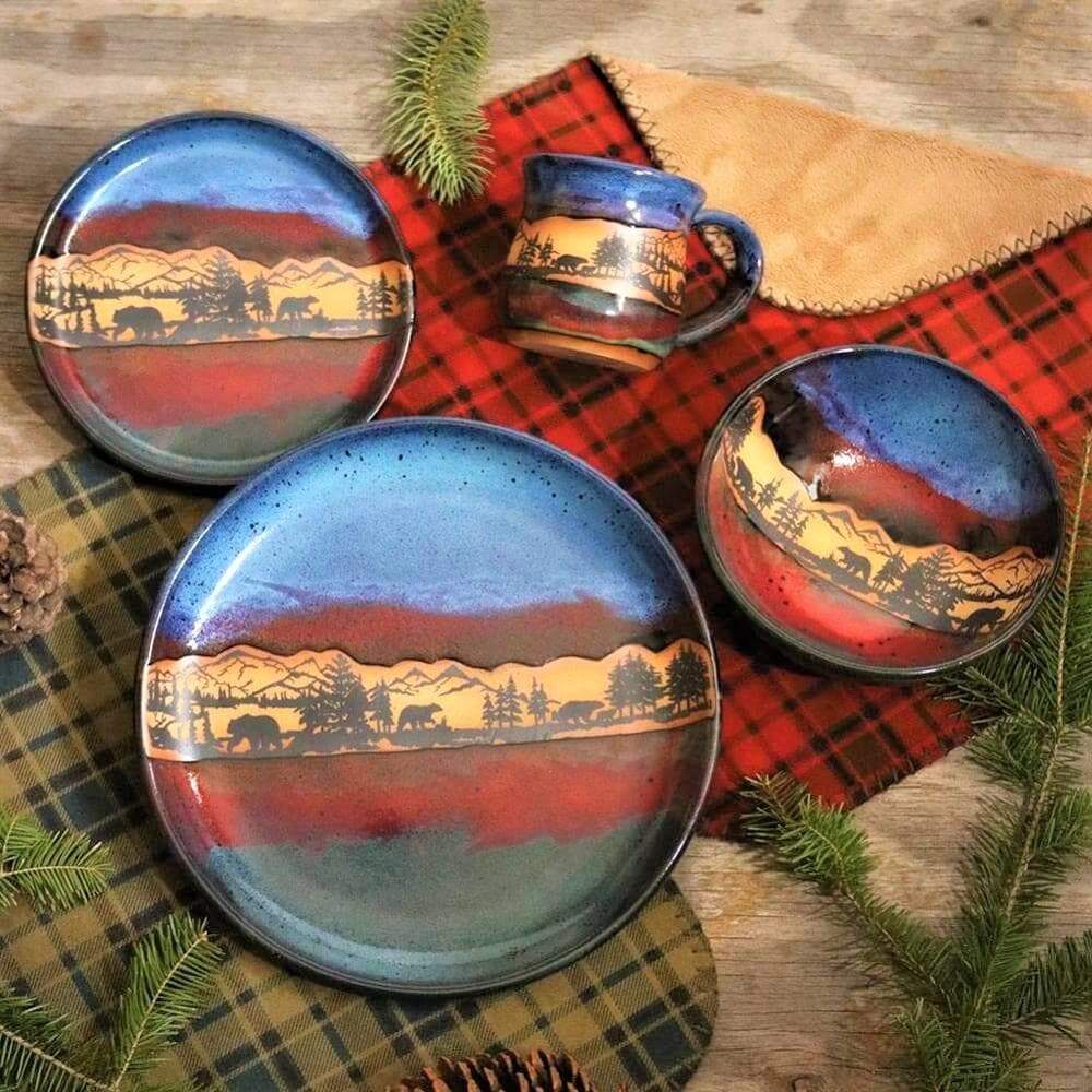 Forest Bear Pottery Dinnerware Set - Handcrafted Ceramic Plates, Bowls & Mugs - Rustic Farmhouse Tableware for Everyday Use & Special Occasions