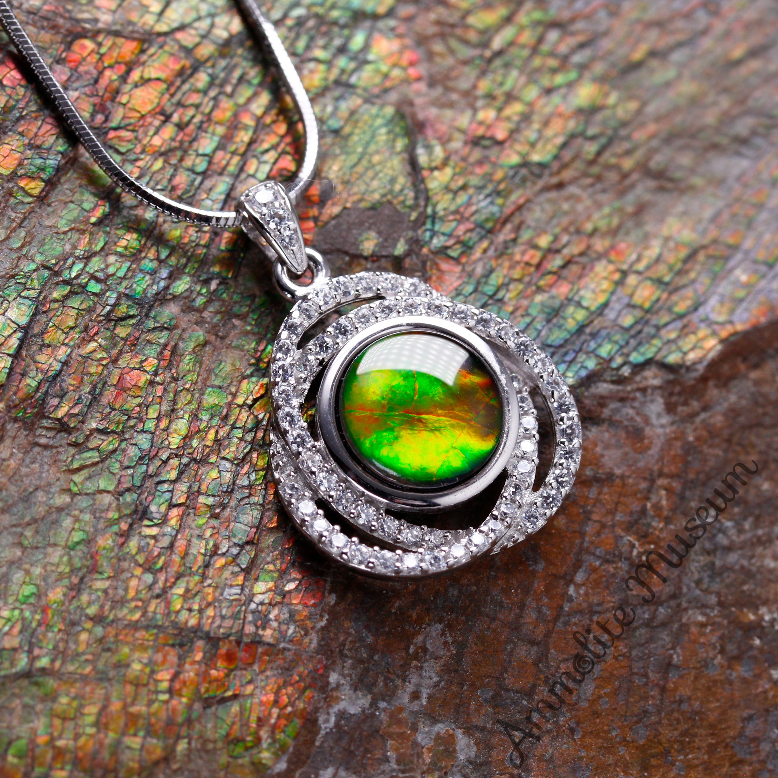 Exquisite Sterling Silver Round Ammolite Pendant with Genuine Swarovski Crystals | Elegant Jewelry Gift for Women | Perfect for Weddings, Anniversaries & Special Occasions