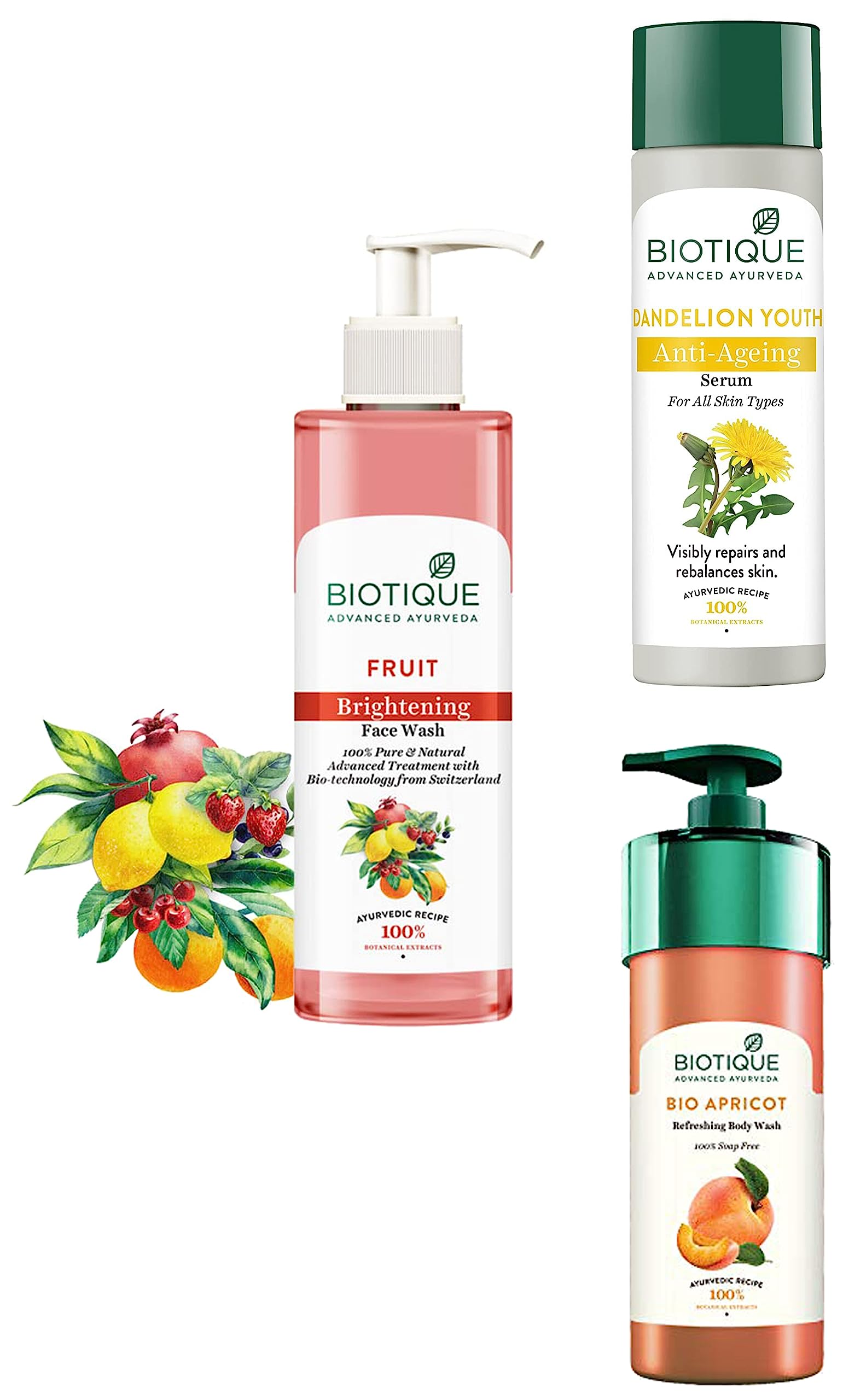 Biotique Bio Dandelion Visibly Ageless Serum 190ml, Biotique Fruit Brightening Face Wash 200ml, Biotique Bio Apricot Refreshing Body Wash 800ml - Anti-Aging Skincare Set for Glowing Skin - Perfect for Daily Face & Body Care Routine