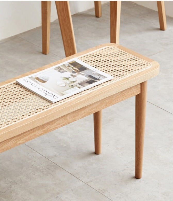 Solid Oak Wood Rattan Bench - Rustic Entryway, Patio, or Garden Seating - Handwoven Wicker Design for Indoor and Outdoor Use
