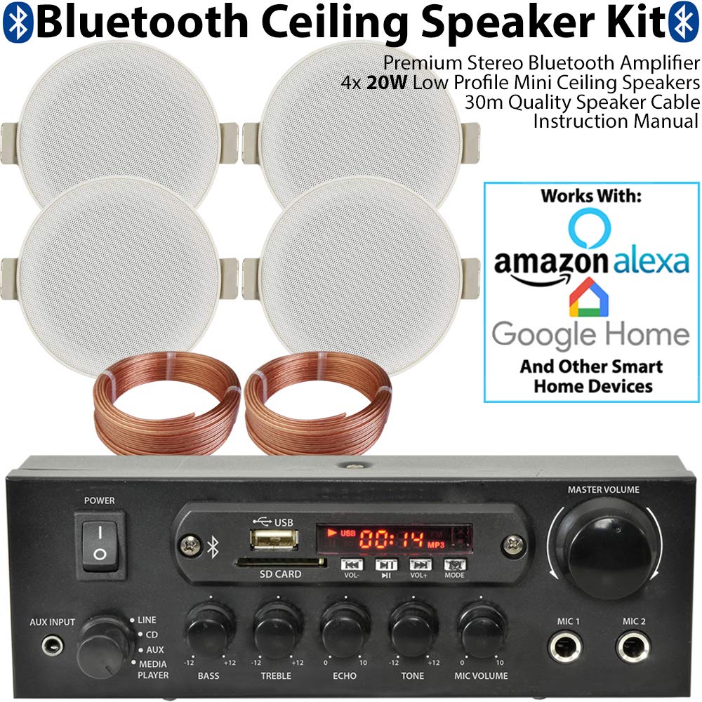 Premium Bluetooth Ceiling Speaker System - 4 Low Profile Stereo Speakers & PRO Amplifier - Wireless HiFi Sound for Home Theater, Restaurants, Cafes, Pubs & Retail Stores - Perfect Background Music & Entertainment Audio Solution