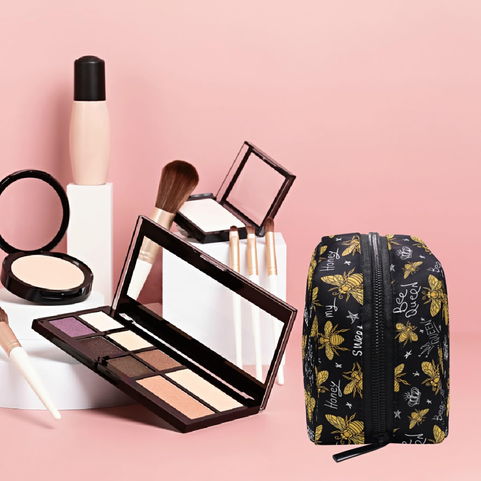 Honey Bee Cosmetic Bag for Women & Girls - Small Travel Makeup Organizer with Multiple Compartments - Perfect for Toiletries, Jewelry & Travel Essentials (Ideal for Vacation, Gym & Daily Use)