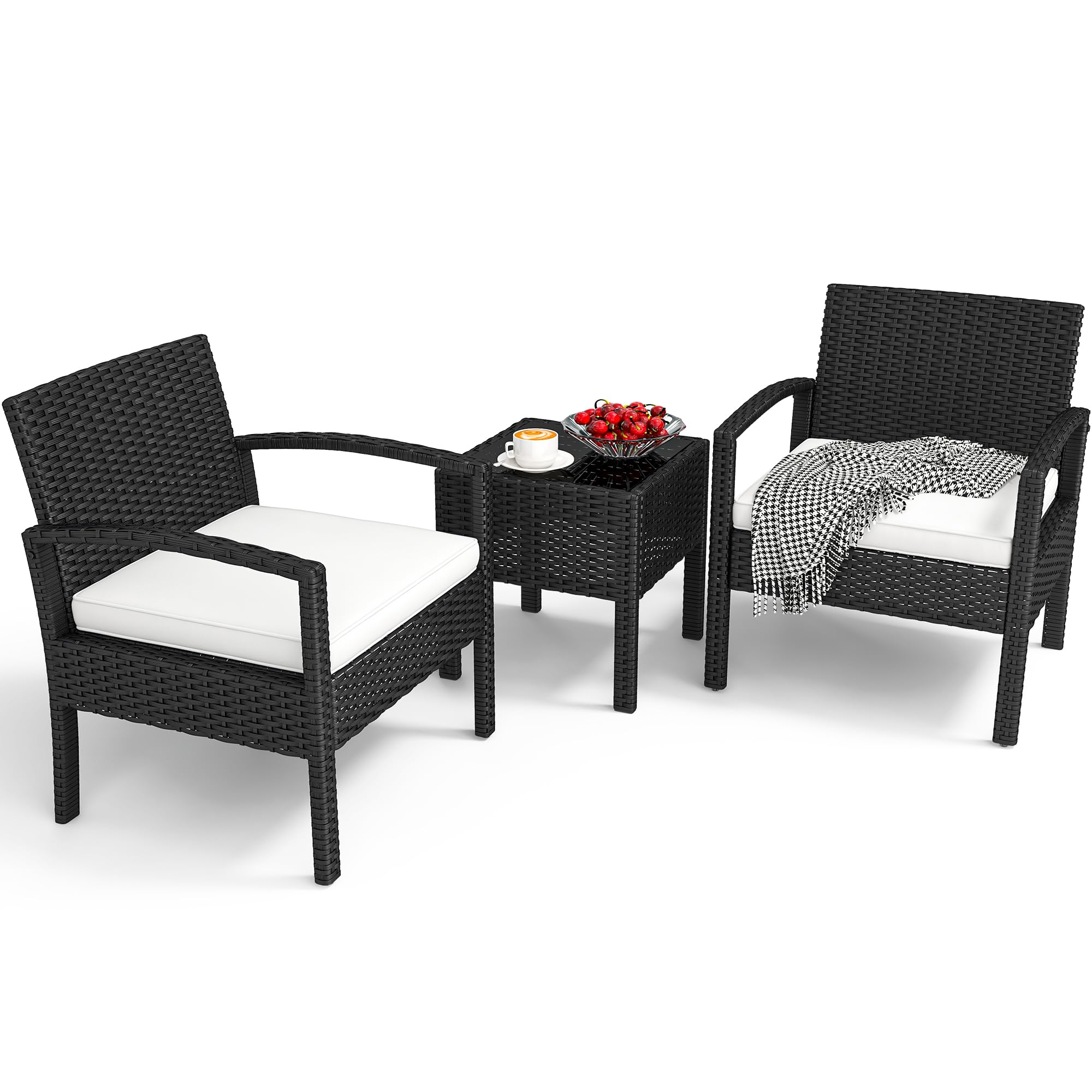 YITAHOME 3-Piece Outdoor Patio Furniture Set - All-Weather Wicker Bistro Chairs with Glass Side Table & Cushions - Black & Beige Rattan Conversation Set for Backyard, Balcony, Deck, Garden & Poolside Relaxation