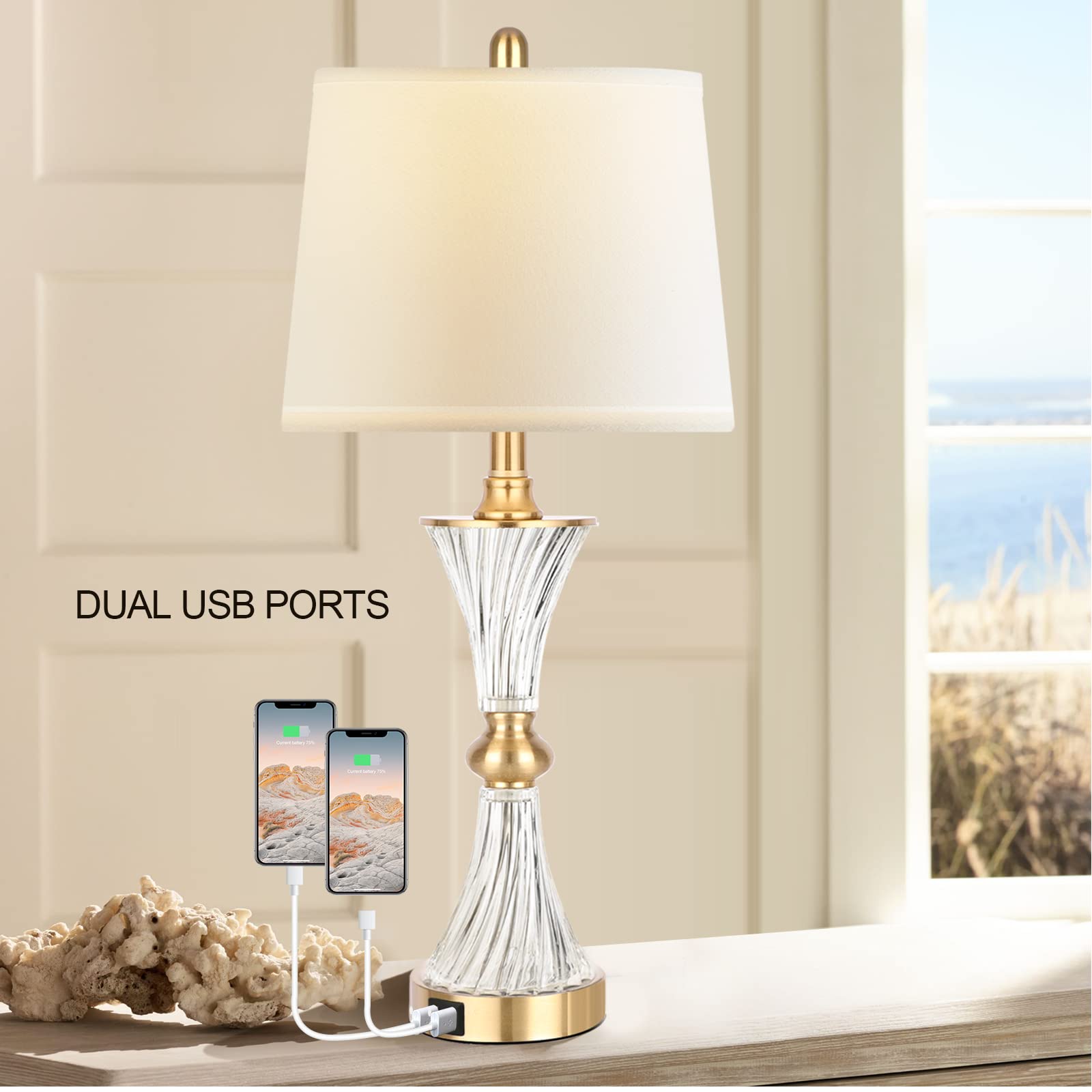 Modern Touch Table Lamps Set of 2 - 3-Way Dimmable Gold Glass Bedside Lamps with USB Charging Ports (2 Bulbs Included) for Bedroom, Living Room & Nightstand - Perfect for Reading, Relaxing and Charging Devices