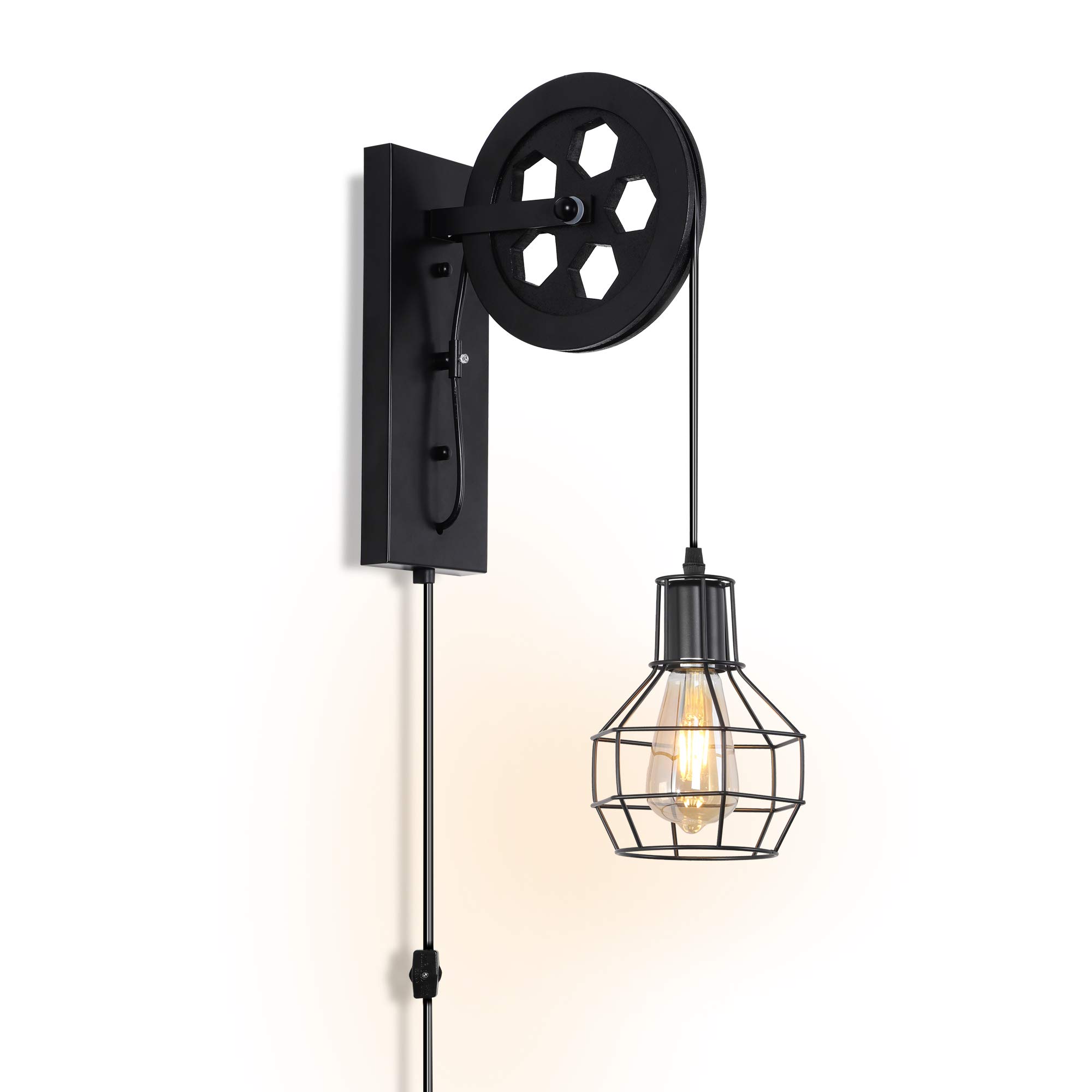 Vintage Industrial Wall Sconce with E26 Base & Plug-in Dimmer Switch - Farmhouse Wall Light Fixture for Bedroom, Porch, Garage, Nightstand & Headboard Lighting | Perfect for Ambient, Task & Accent Lighting