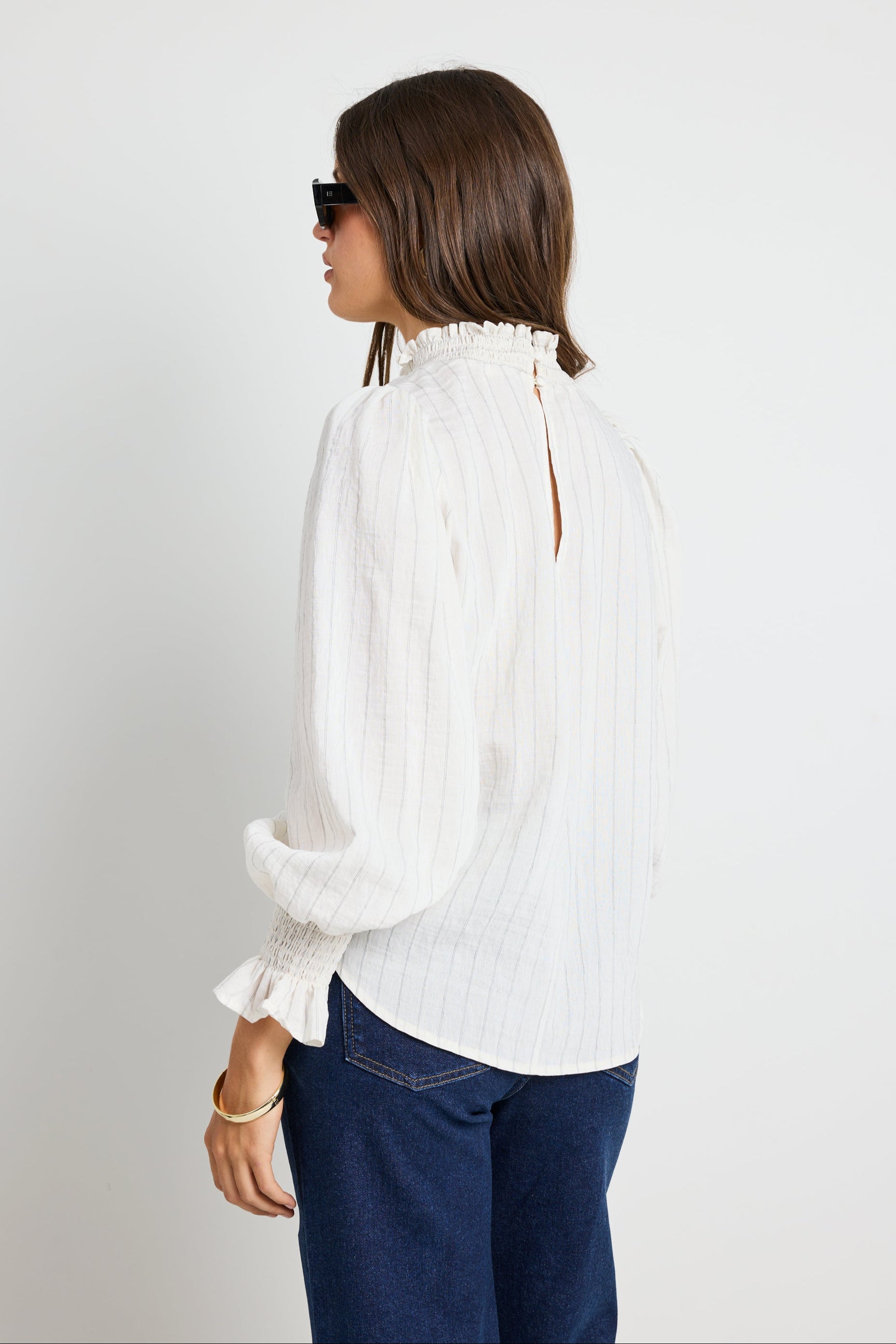Emphatic Ivory Stripe High Neck Blouse for Women - Elegant Long Sleeve Tops for Work, Party & Casual Wear