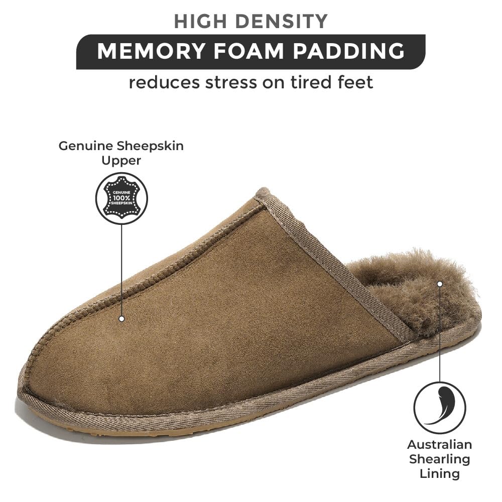 **Project Cloud Men's Genuine Sheepskin House Slippers – Memory Foam Indoor Slippers with Non-Slip Sole – Cozy Winter Slippers for Relaxing at Home (Colin, Brown)**    *Use Case: Perfect for lounging, keeping feet warm in winter, or as a comfortable gift for men.*
