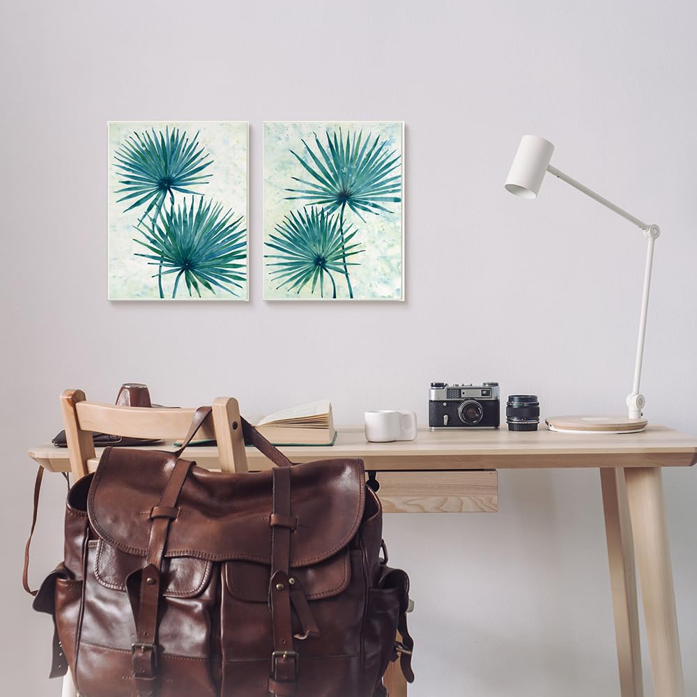 Abstract Palm Fans Blue Green Silhouette Wall Art Set of 2 - 16x20 Inches Black Framed Canvas Prints by Tim Otoole - Perfect for Living Room, Bedroom & Office Decor