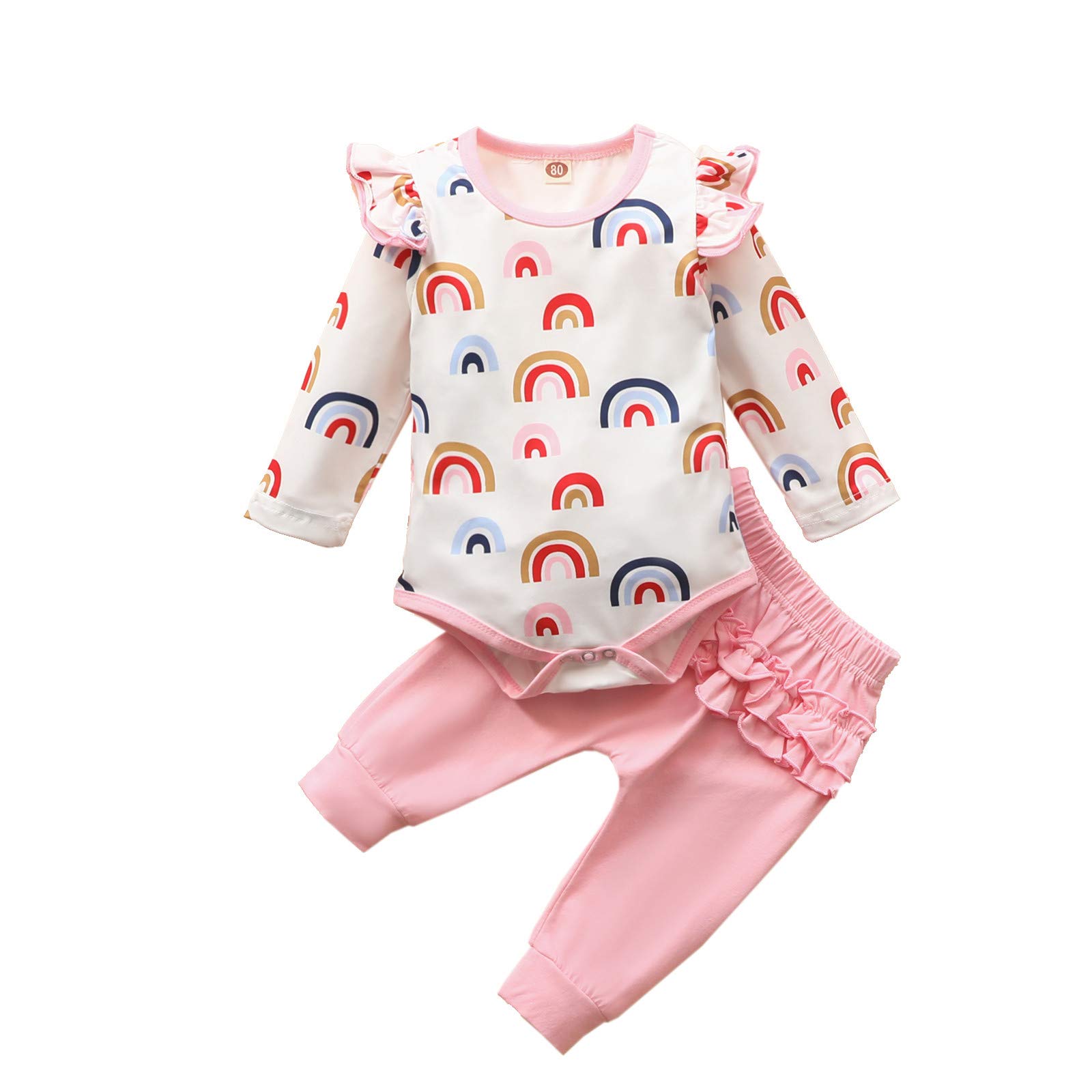 Rainbow Print Baby Girl Romper Set with Ruffles - Autumn Outfits for 0-6 Months (Pink) | Perfect for Fall Photoshoots, Playdates & Special Occasions