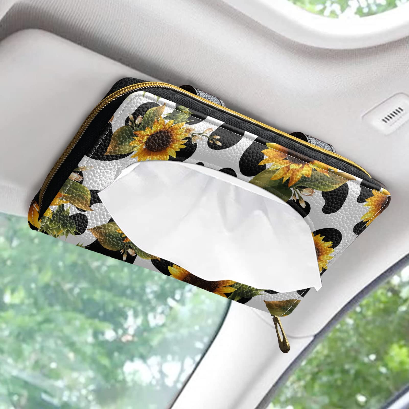 Xoenoiee Car Visor Tissue Holder - Sunflower & Cow Pattern PU Leather Wipes Case for Car Backseat | Mask & Tissue Box Organizer | Perfect for Road Trips & Daily Commute