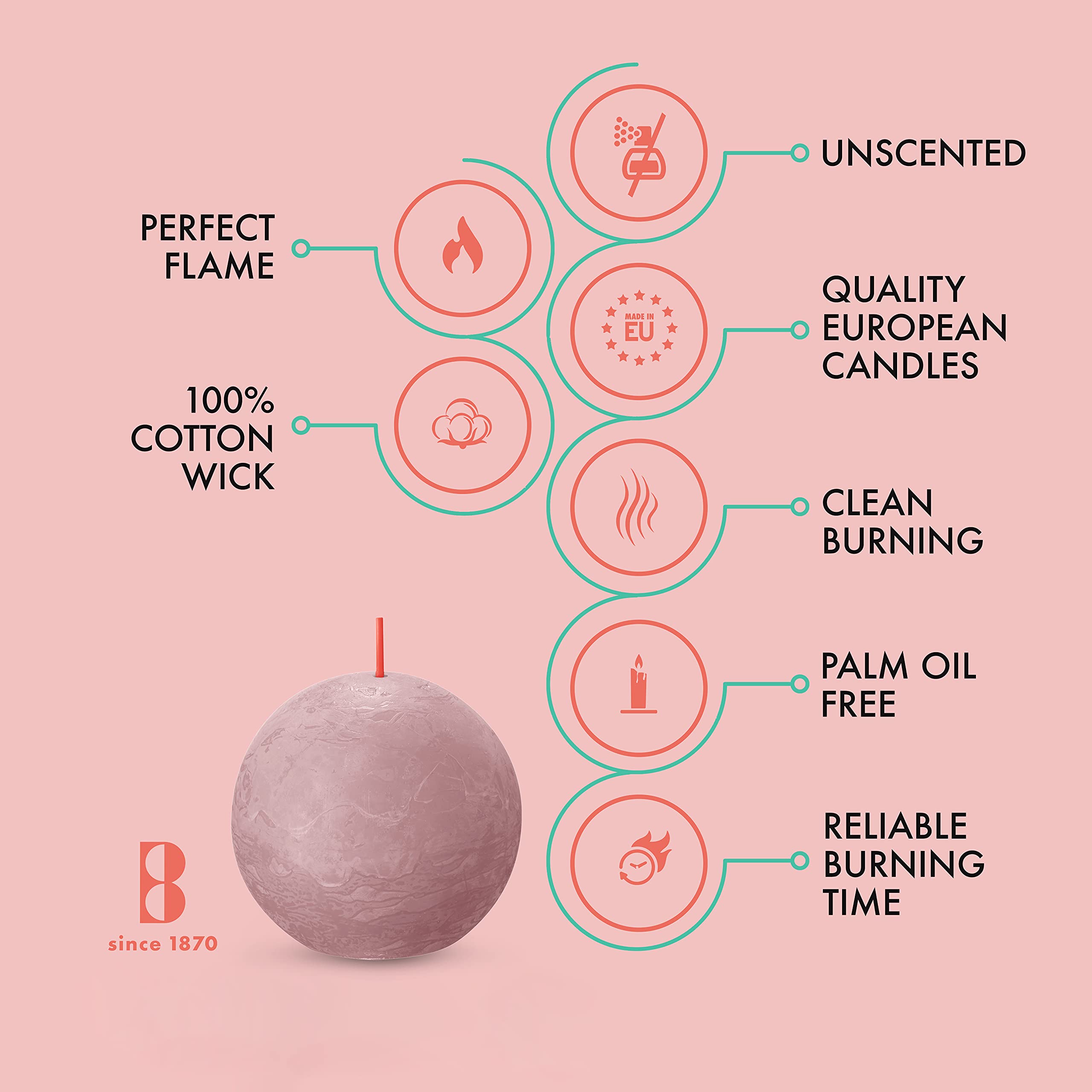 BOLSIUS 3-Pack Ash Rose Rustic Ball Pillar Candles - 3 Inch Unscented Dripless Smokeless Candles - Premium European Quality with Natural Plant-Based Wax - 25 Hour Burn Time - Perfect for Wedding Centerpieces, Romantic Dinner Decor, and Party Lighting