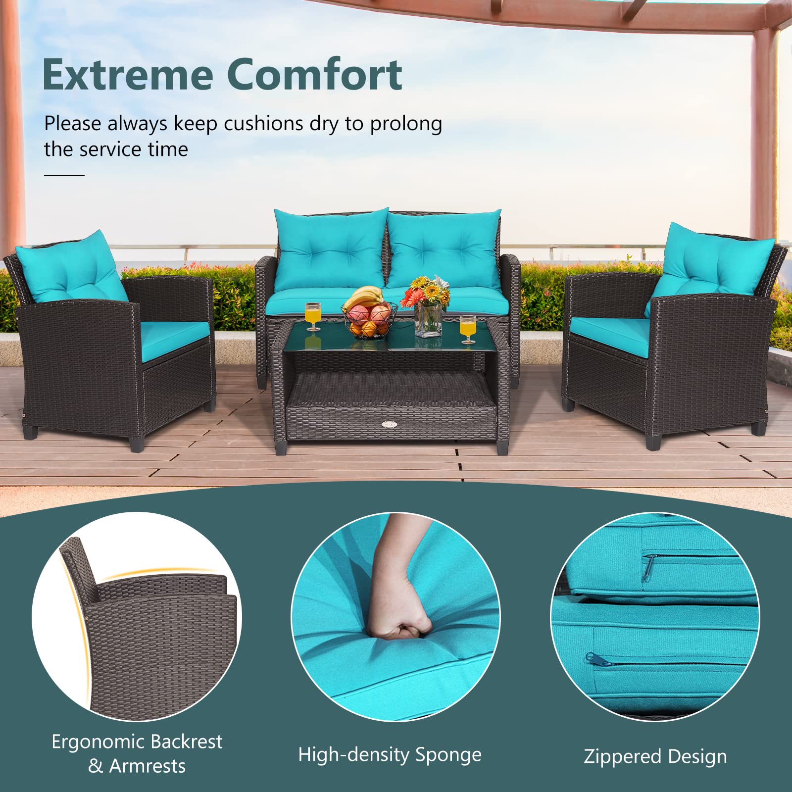 Tangkula 4-Piece Outdoor Patio Furniture Set - Rattan Wicker Sofa Set with 1 Loveseat, 2 Single Chairs & Tempered Glass Coffee Table - Perfect for Backyard, Garden, Poolside & Porch Relaxation