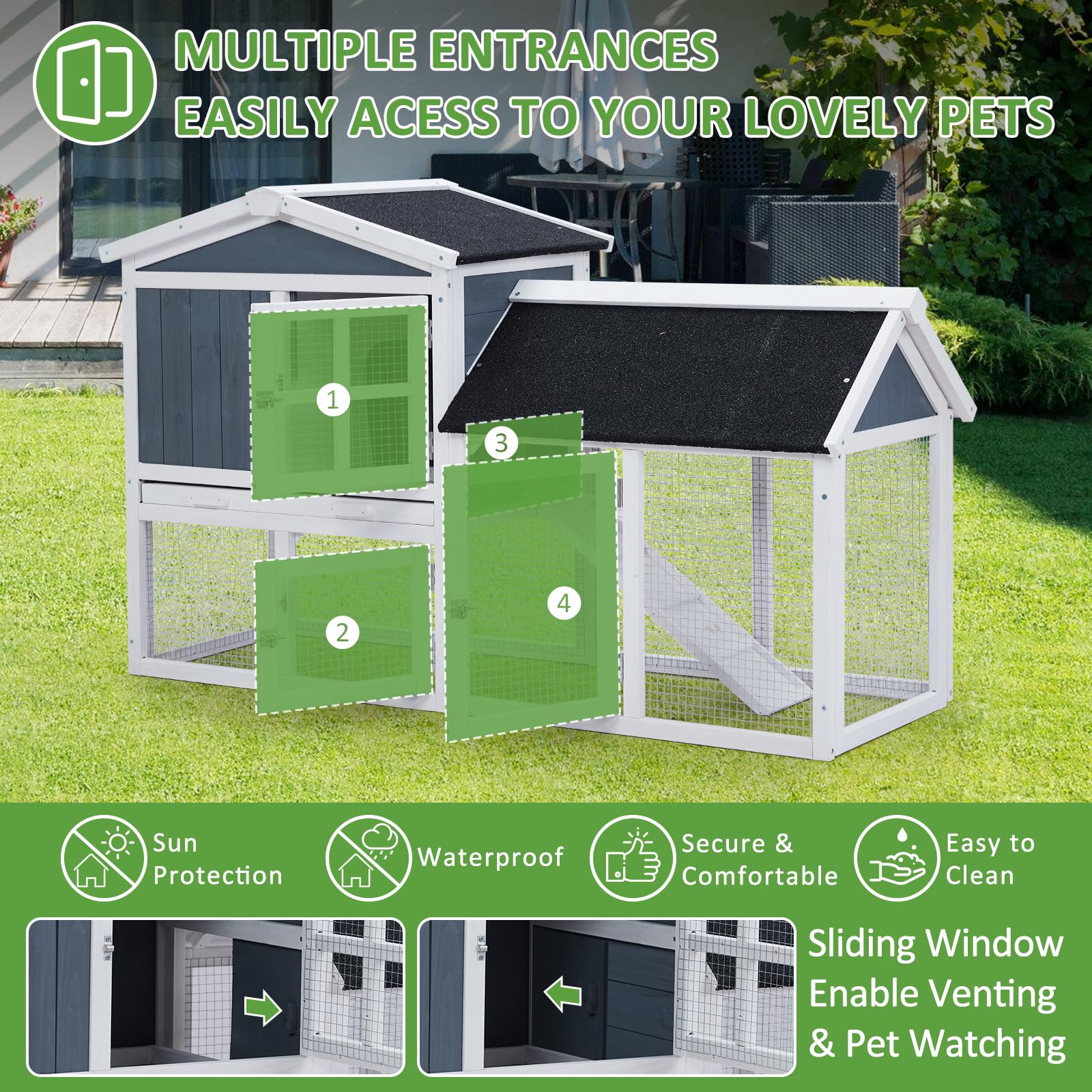 54in Wooden Rabbit Hutch for Outdoor & Indoor Use - Weatherproof Bunny Cage with Side Runs, Removable Tray & Ramps - Ideal for Rabbits, Chickens, Guinea Pigs & Small Pets - Perfect for Backyard, Garden or Indoor Pet Housing