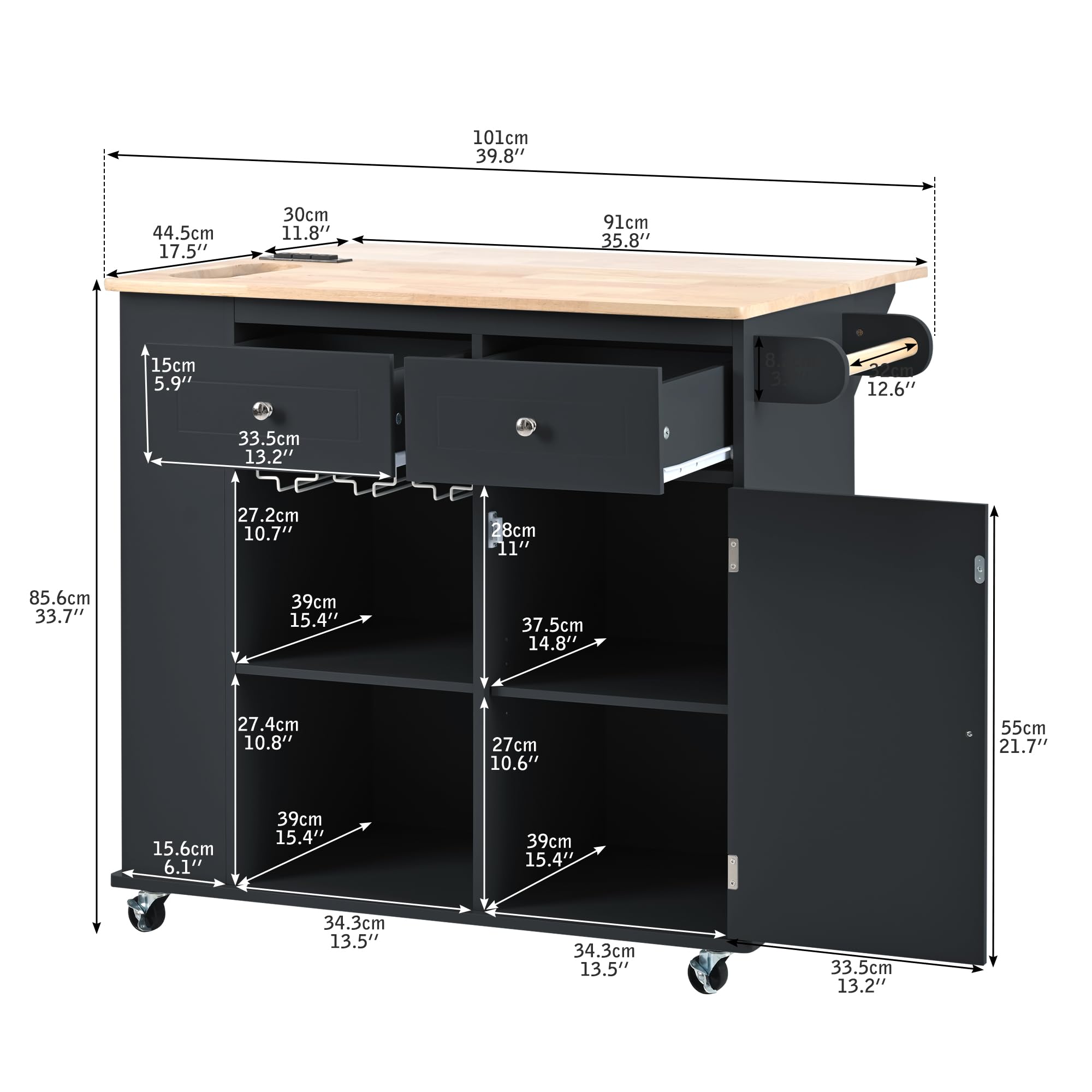Black Kitchen Island Cart with Power Outlet, Drop Leaf & Rubber Wood - Open Storage, Wine Rack & 5 Casters - Adjustable Storage Organizer for Home Kitchen & Dining Room - Perfect for Small Spaces, Entertaining & Meal Prep